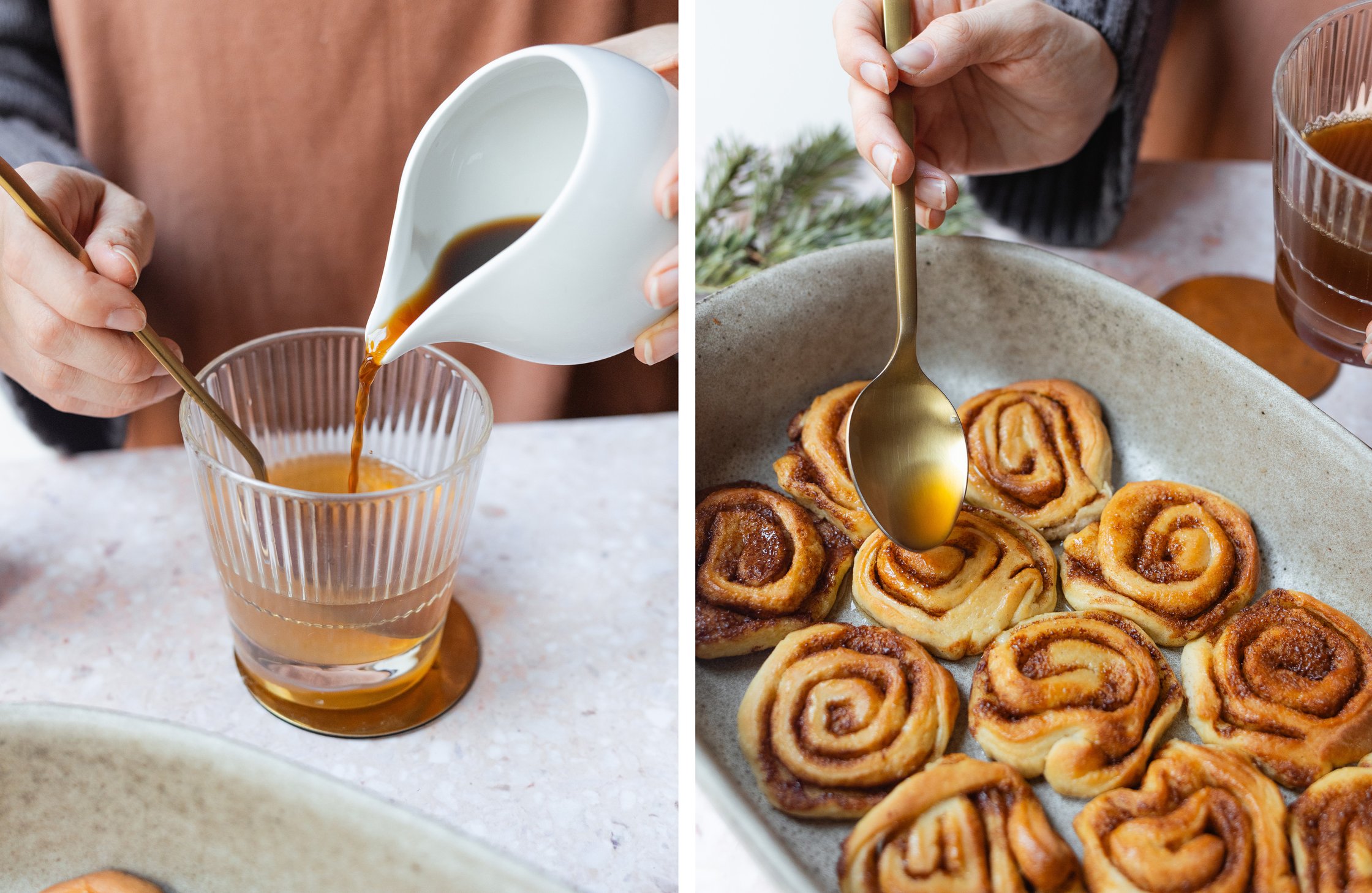 soaking cinnamon buns in the mixture made of punch, espresso and Amaretto