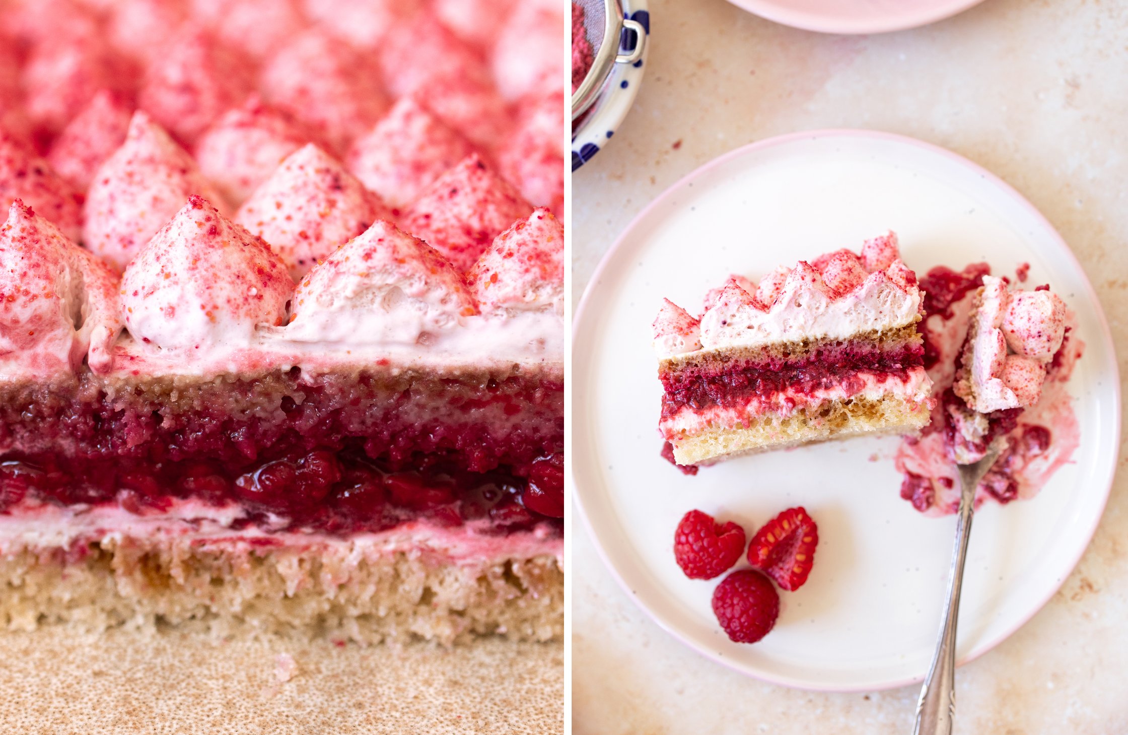 Two-part image - Left: Close-up of the cut tiramisu in the dish. Right: A piece of tiramisu on a plate.