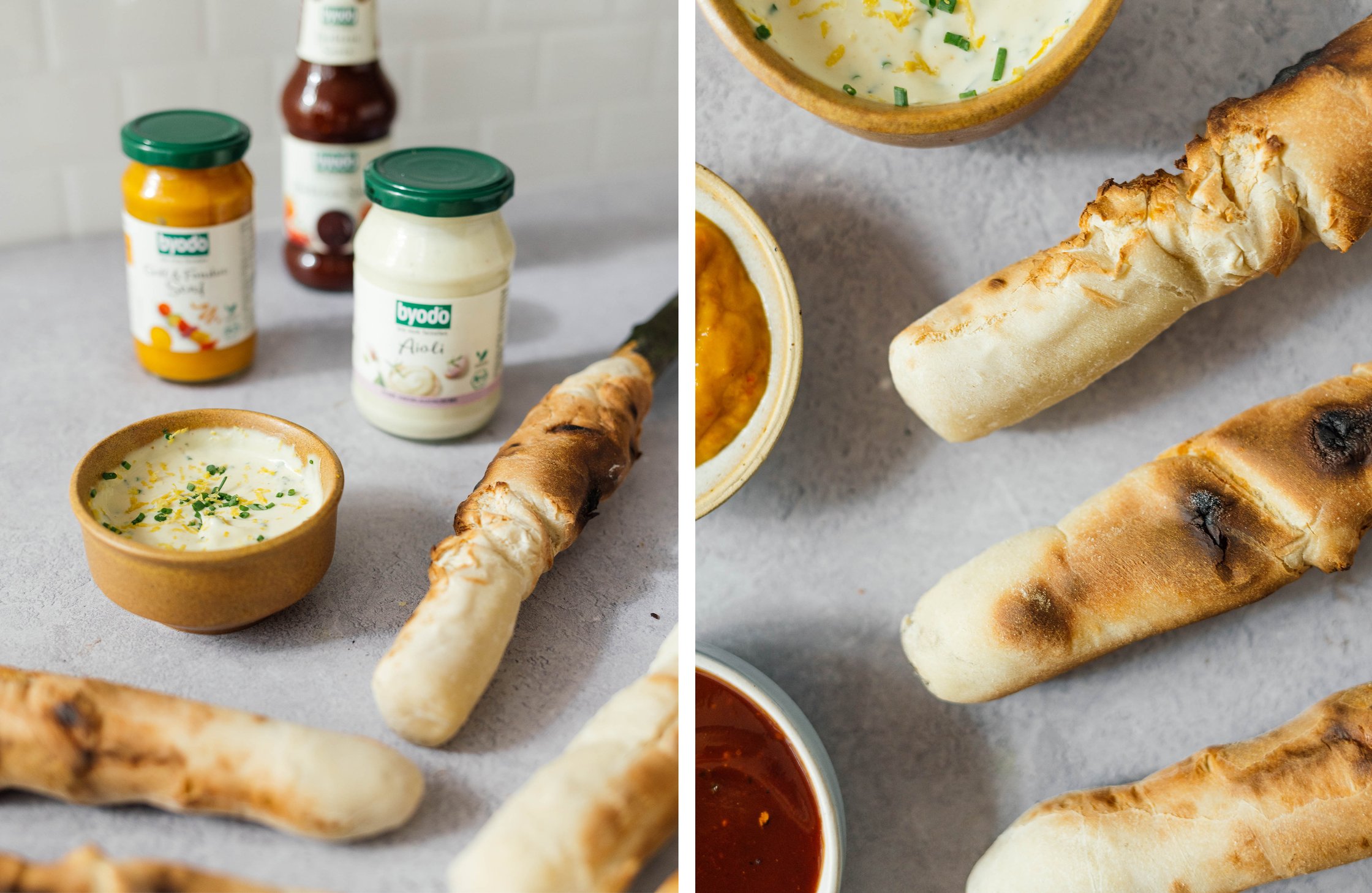vegane Grillsoßen von byodo werden zum Stockbrot serviert