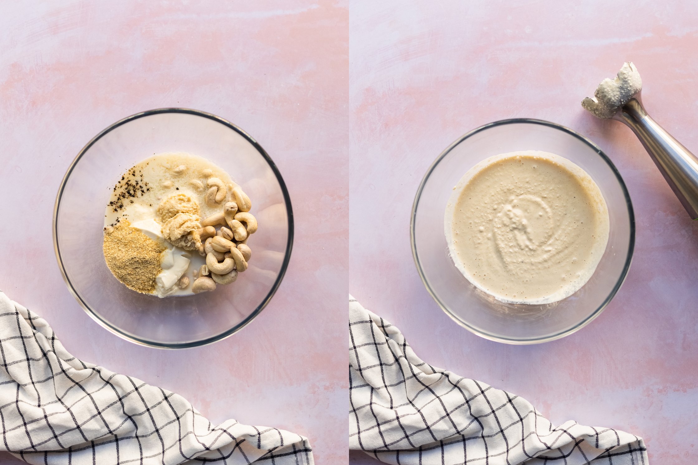 Zutaten für veganen körnigen Frisches ein einer Schüssel, mit Pürierstab