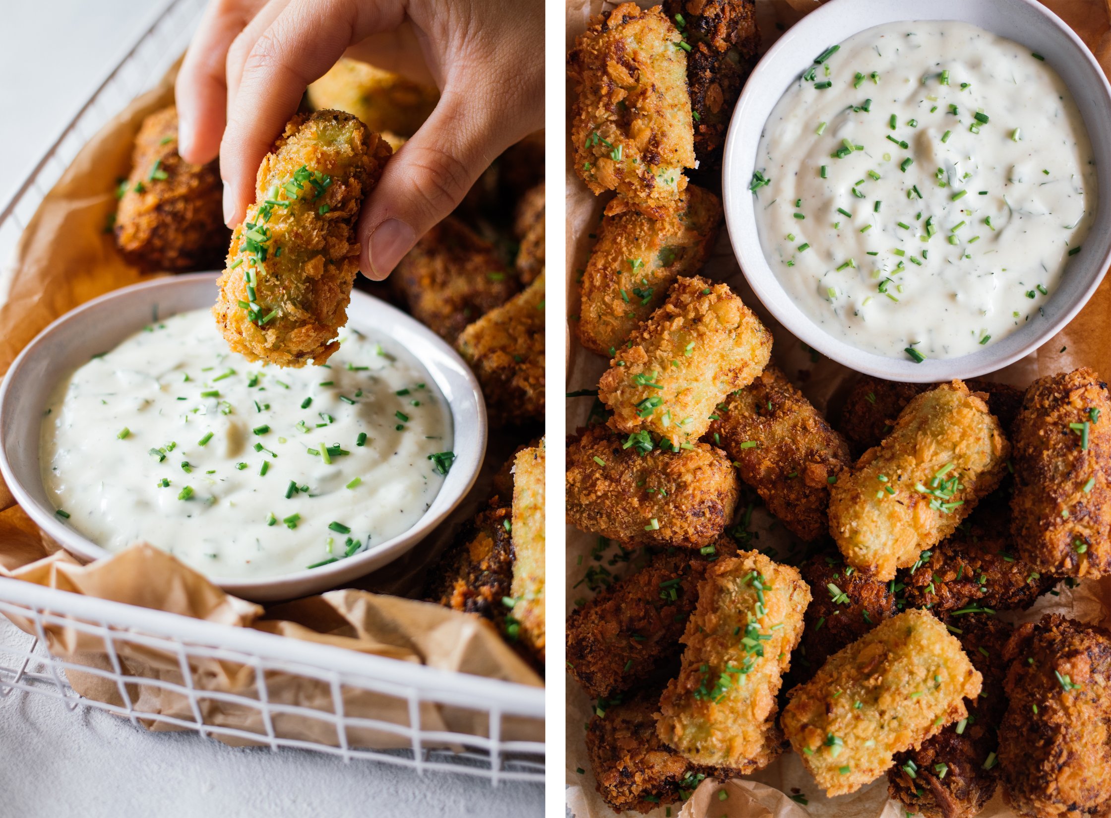 vegane brokkoli kroketten in kräuterdip tunken