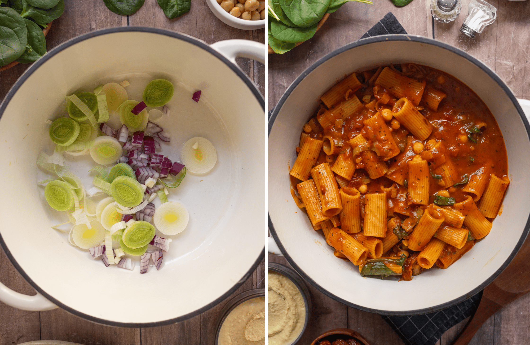 Alle Zutaten für die vegane One-Pot Pasta à la Ceci sind in einem weißen Topf auf einem Holztisch, umgeben von den verwendete