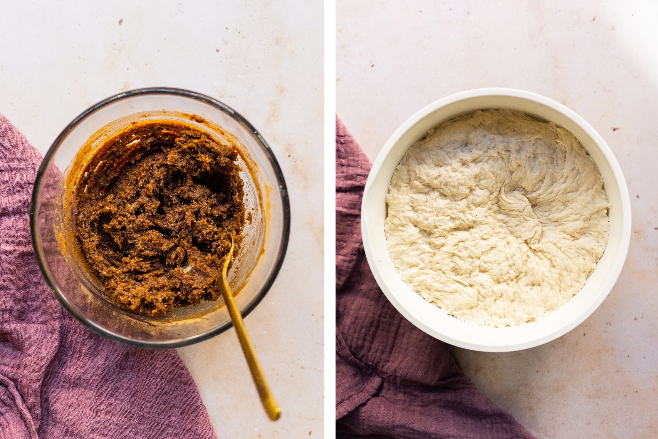Hefeteig und die Füllung für vegane Zimtschnecken sind jeweils in einer Schüssel vor einem hellen Hintergrund.