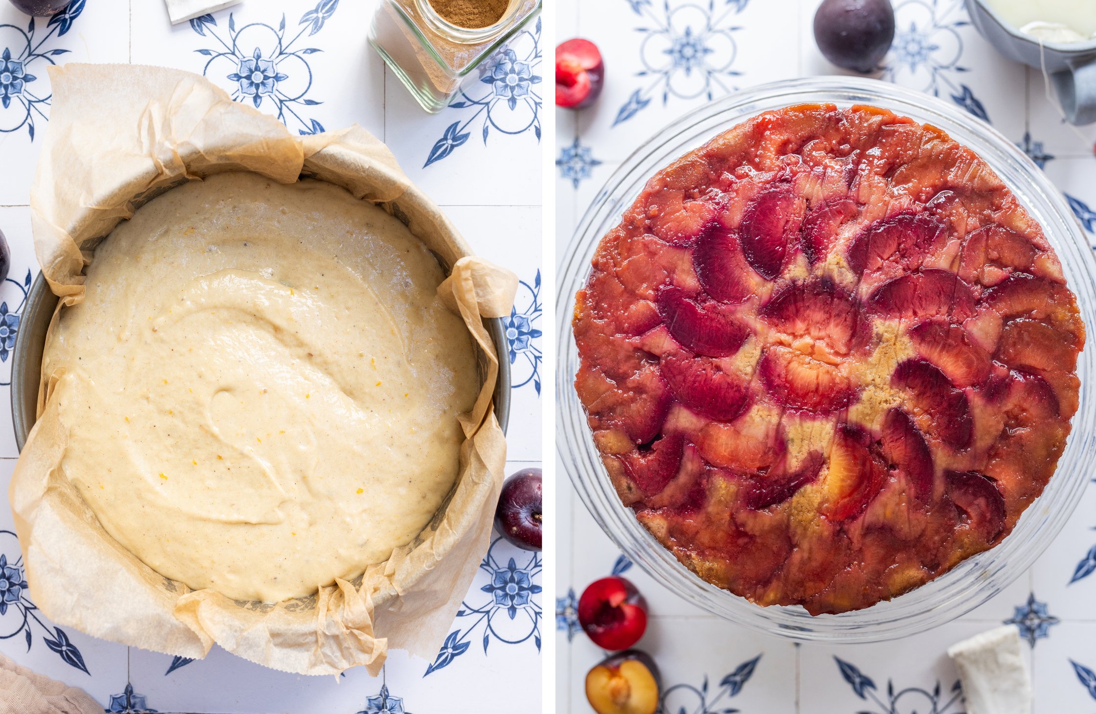 Now spread the batter over the plums and when turned out, a beautiful red pattern will appear.