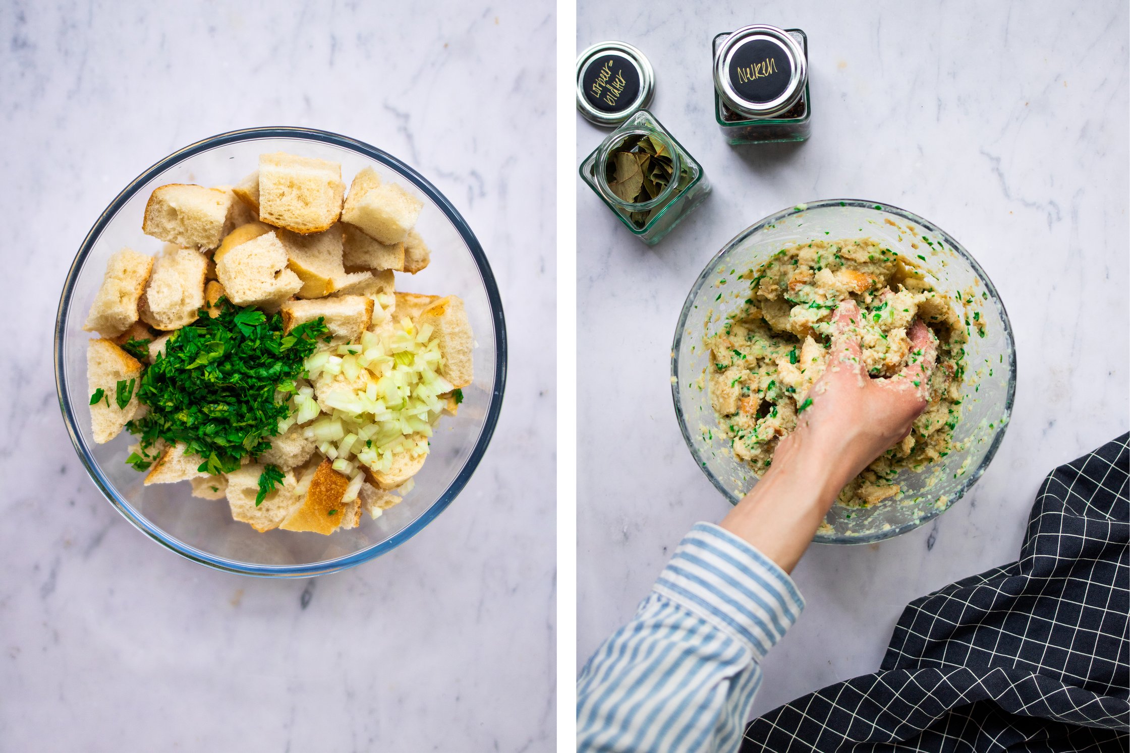 Ingredients for vegan dumplings are kneaded in a bowl