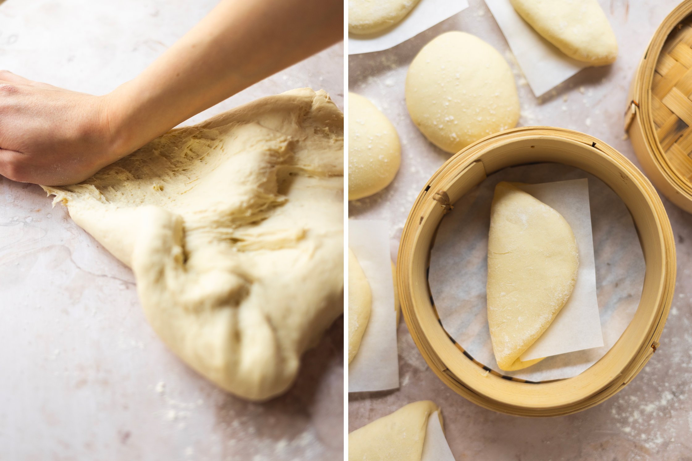 veganer Teig für Bao Buns wird geknetet und gefaltet