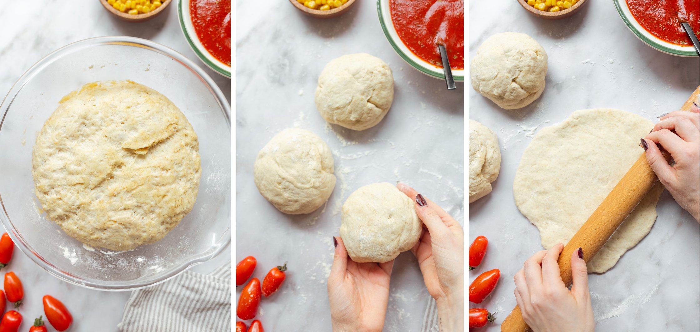 pizza dough in a bowl; pizza dough is divided into three parts and rolled out