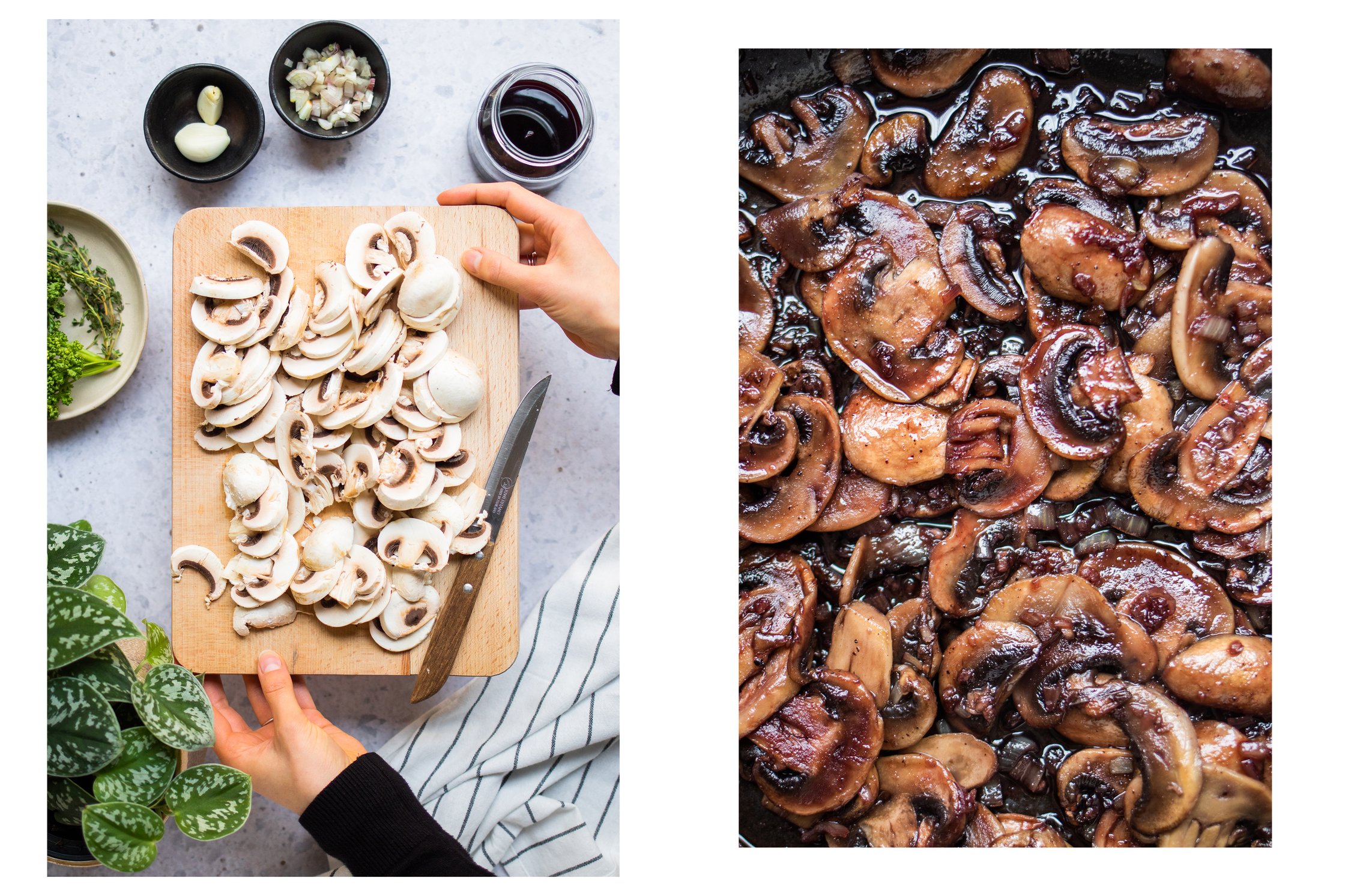 Sliced Mushrooms on a Board, Mushrooms in a Pan with vegan Marsala Wine