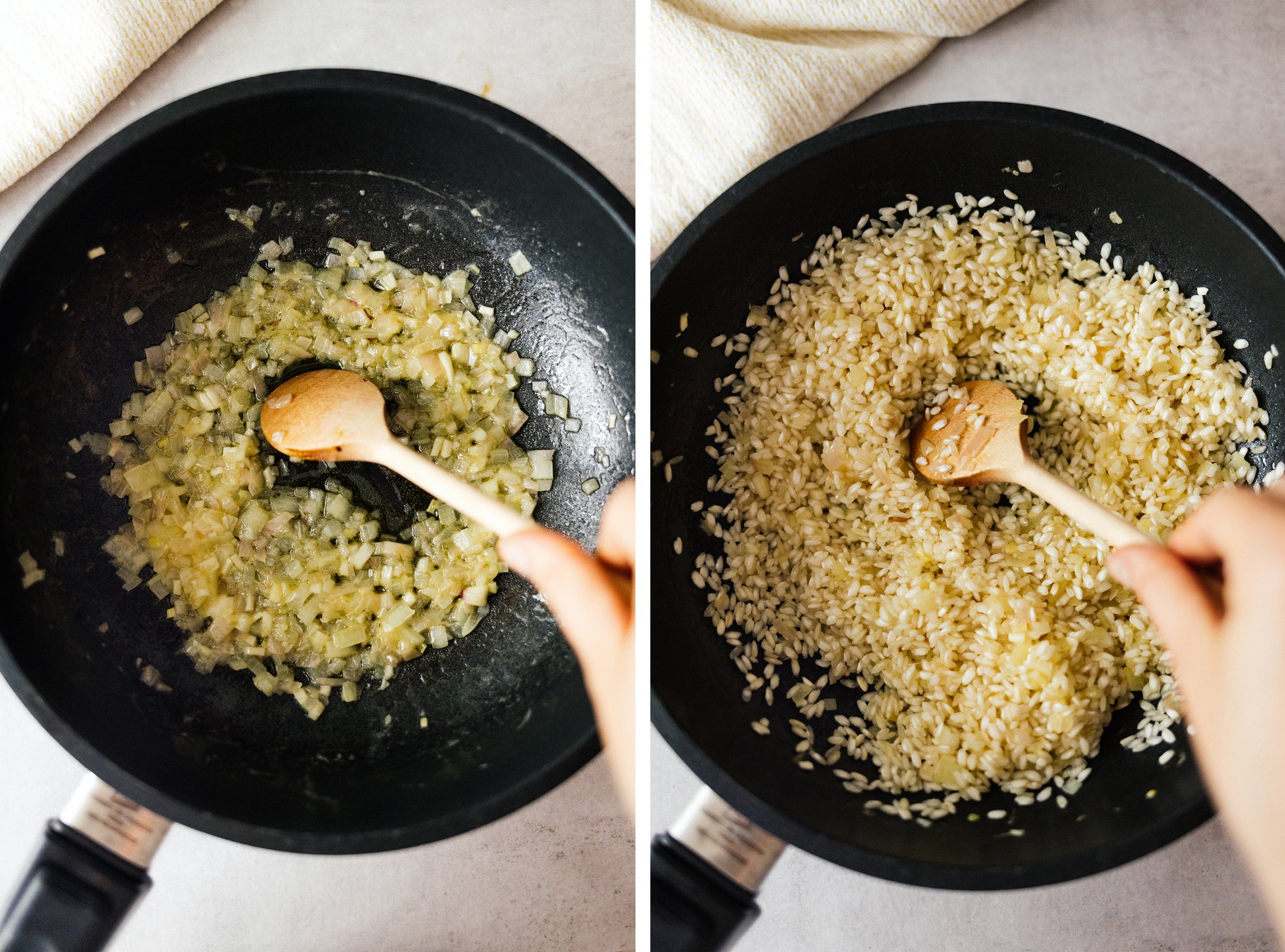 zwiebeln und reis anschwitzen für veganes risotto