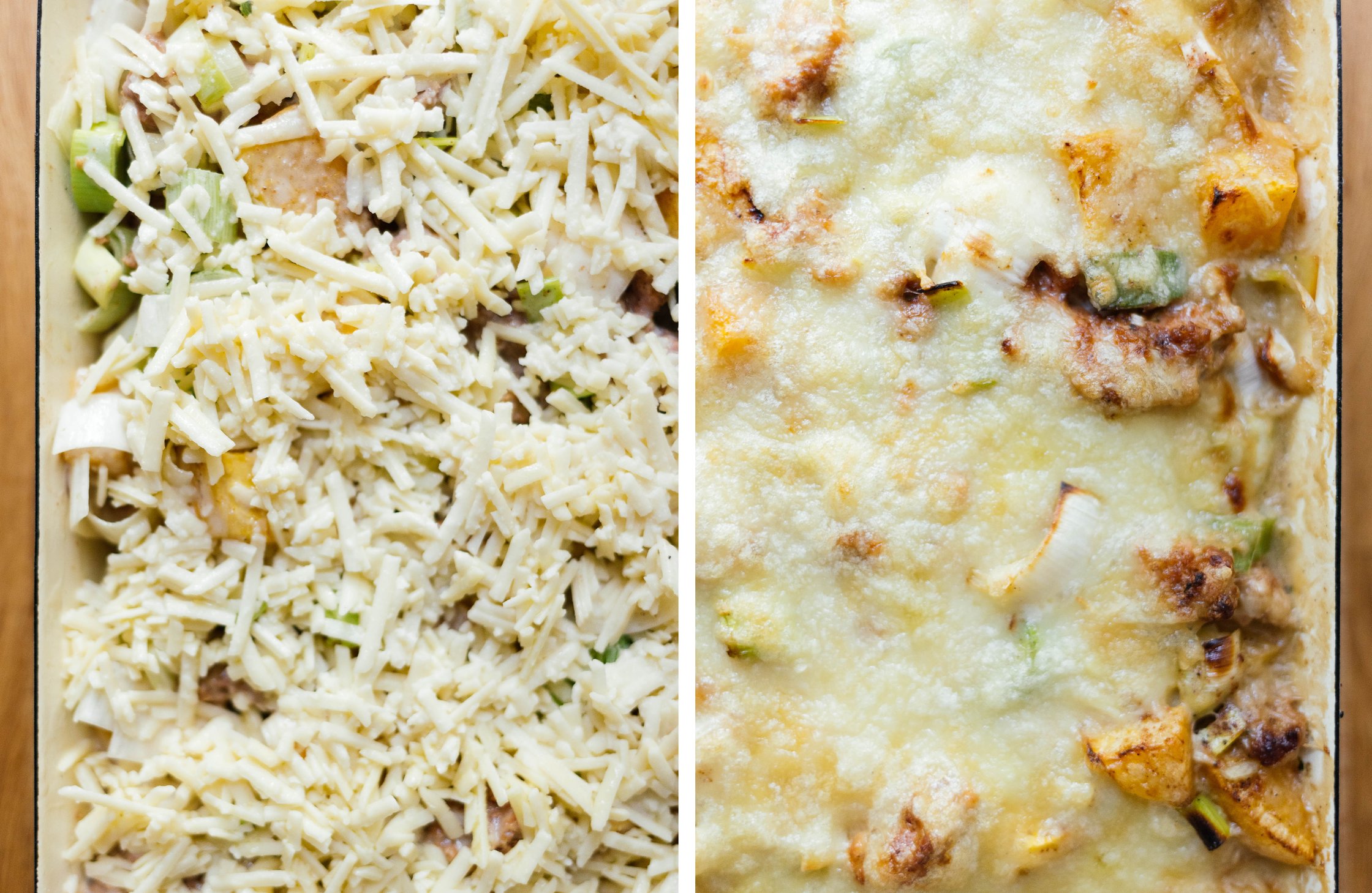 vegan cheese, mince and leek casserole before and after baking