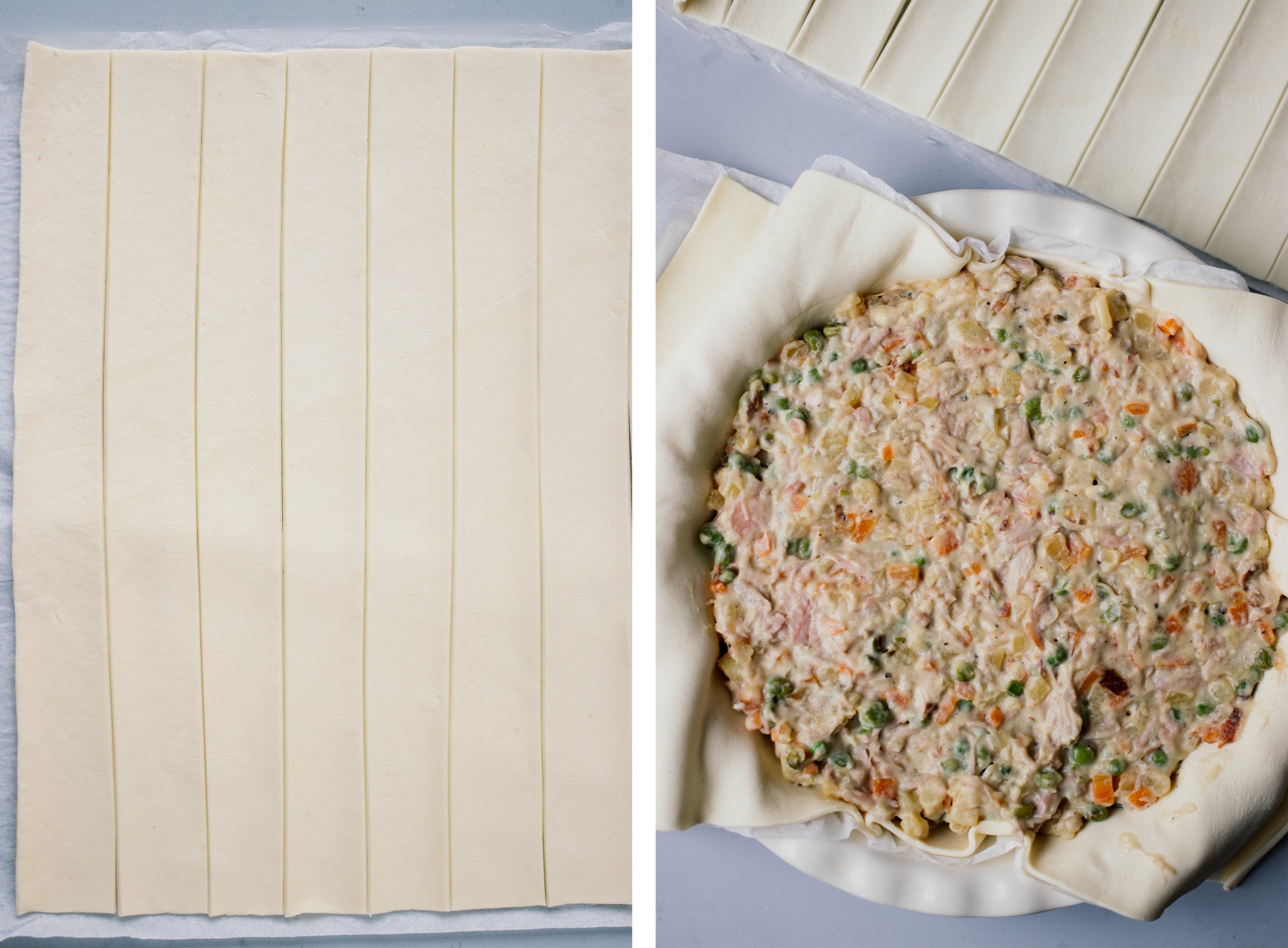 adding a layer of pastry sheet on vegan pot pie