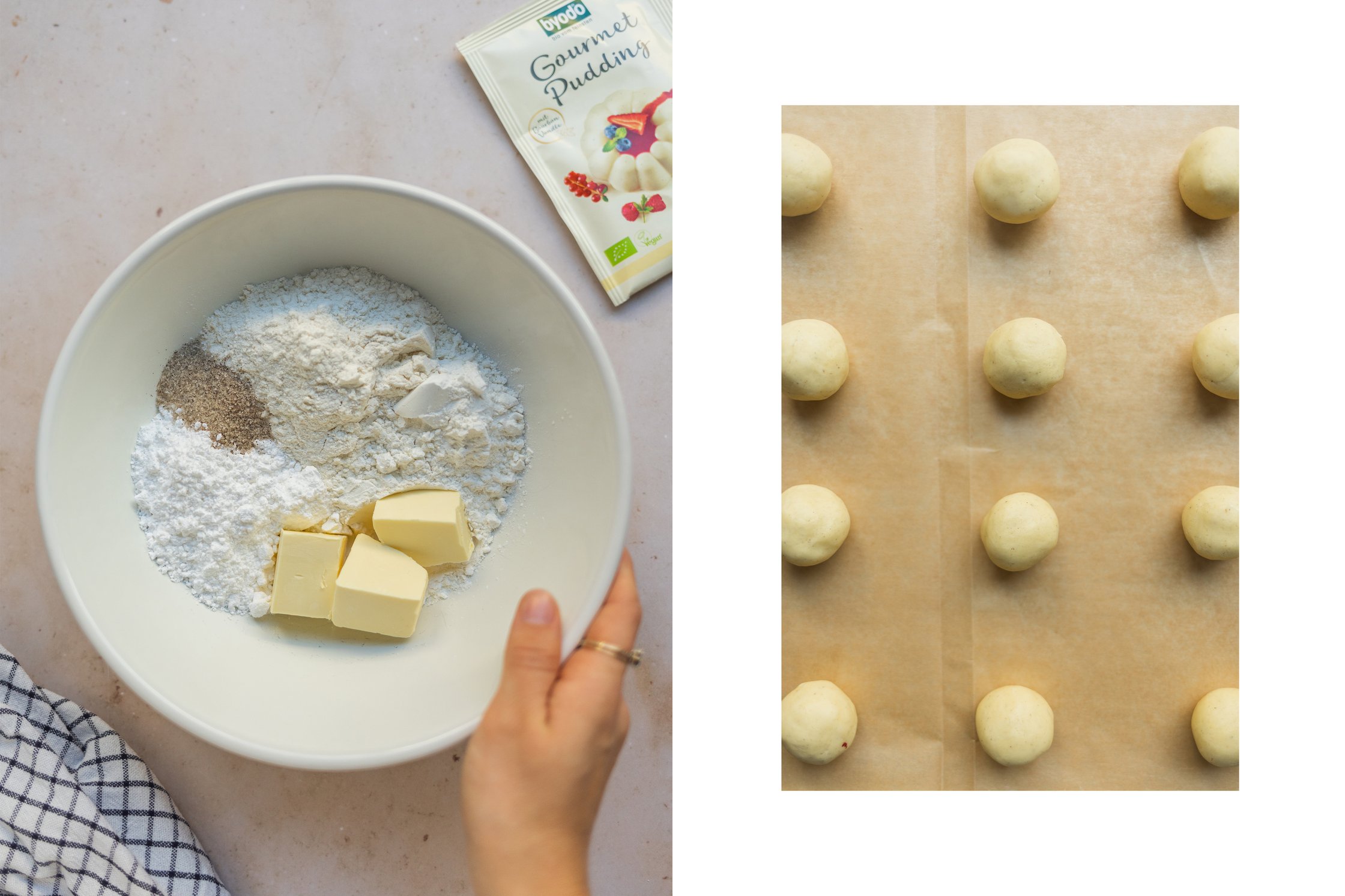 ingredients for vegan custard cookies in a bowl, rolled cookies on a baking paper