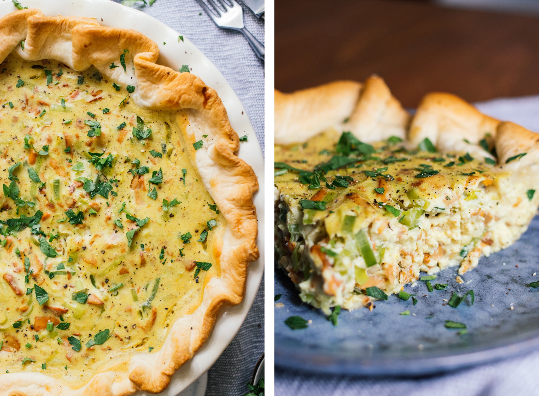 a piece of vegan chanterelle and leek quiche