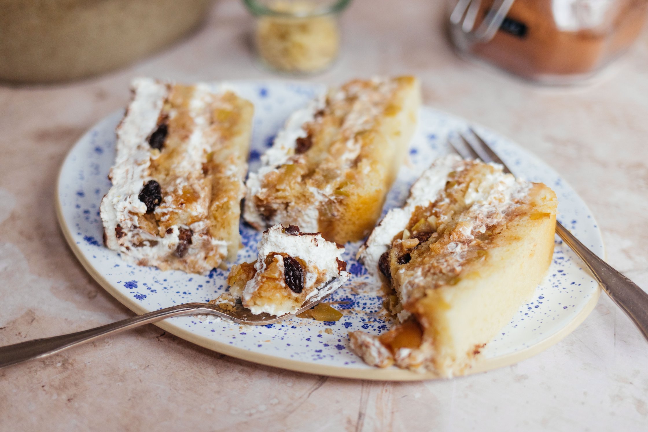 vegan baked apple tiramisu cut into slices