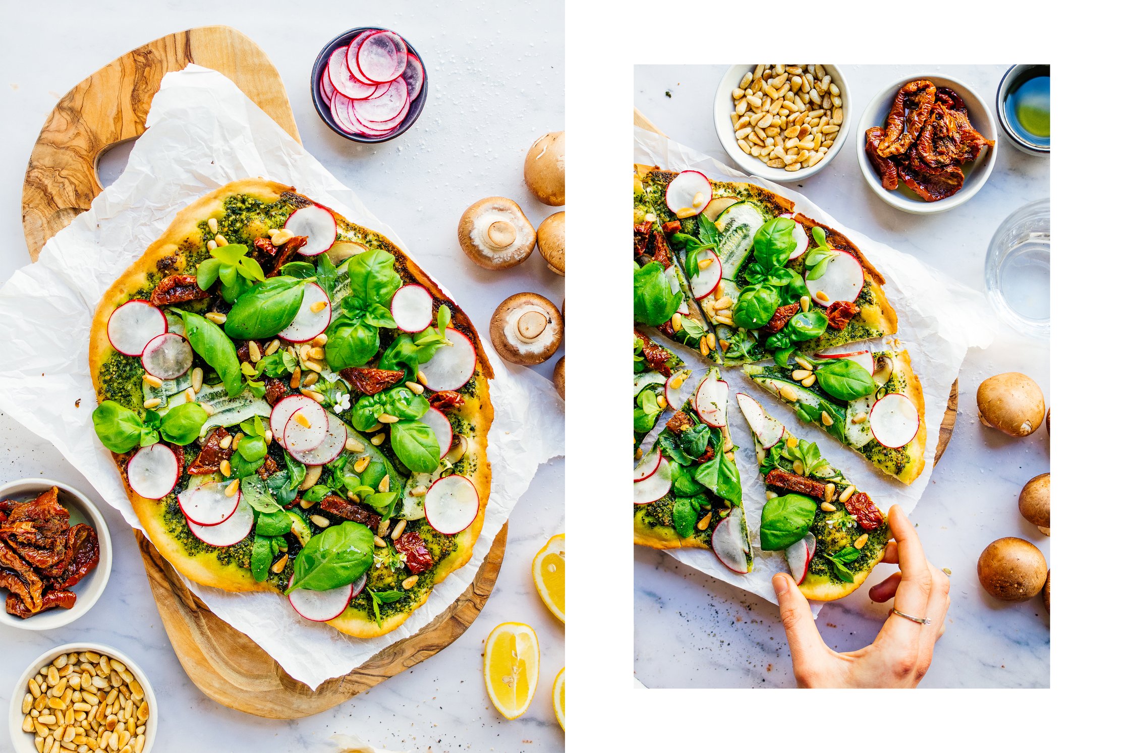 vegane Pesto Pizza mit frischen Kräutern