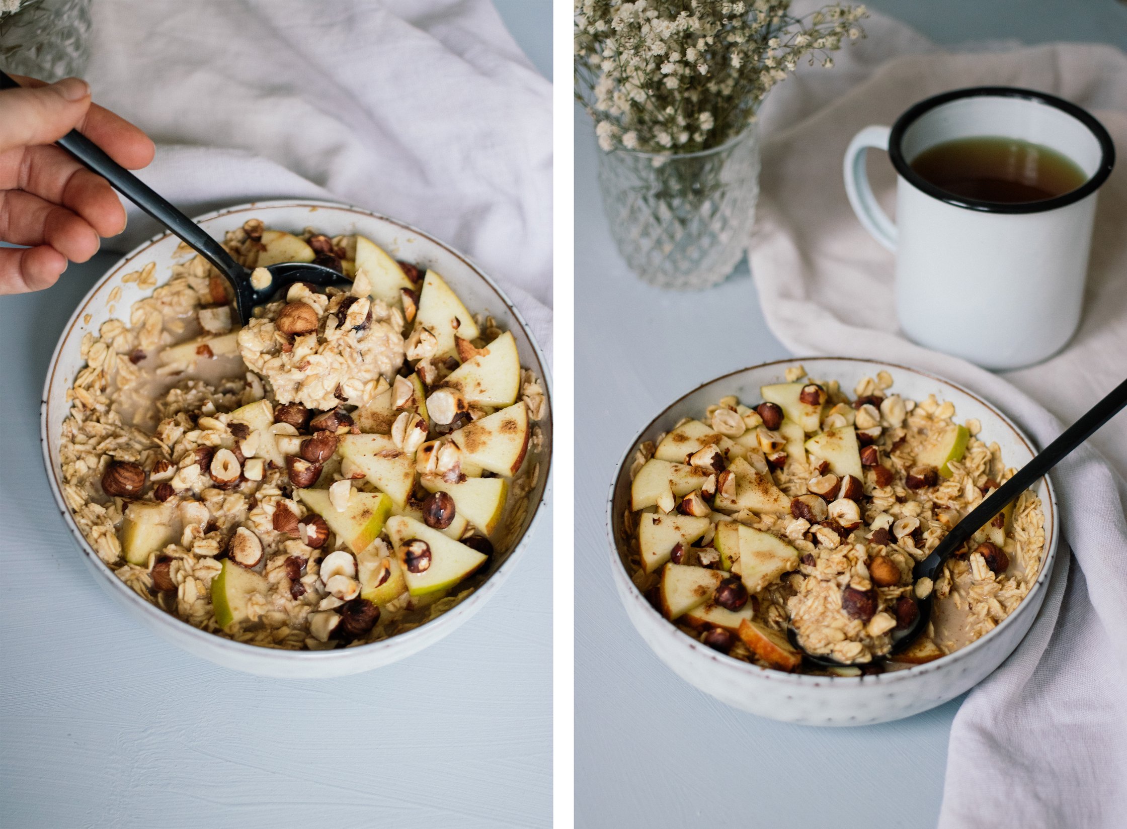 einen löffel vom veganen oatmeal nehmen