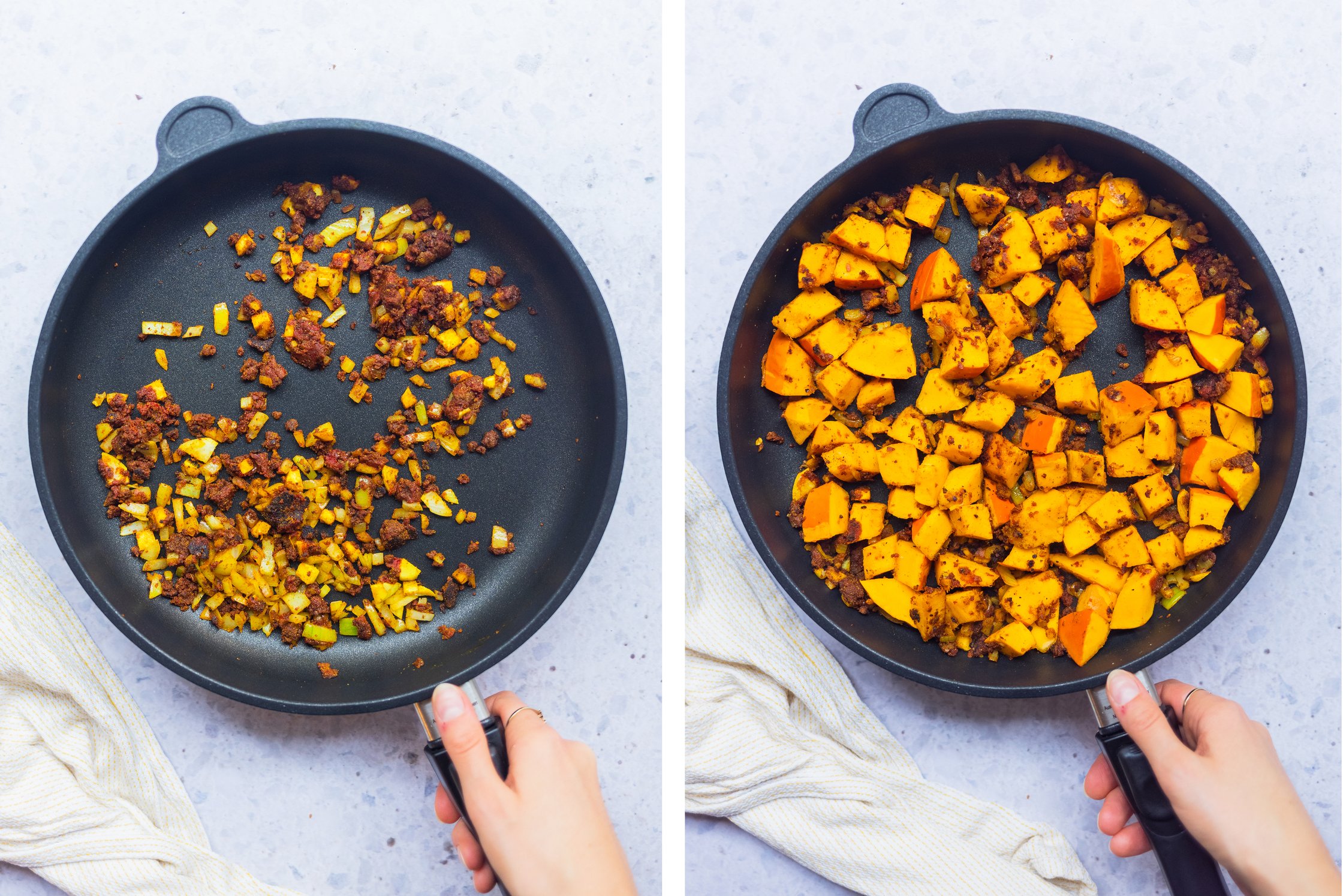 Pumpkin and various spices are roasted in a black pan against a light background