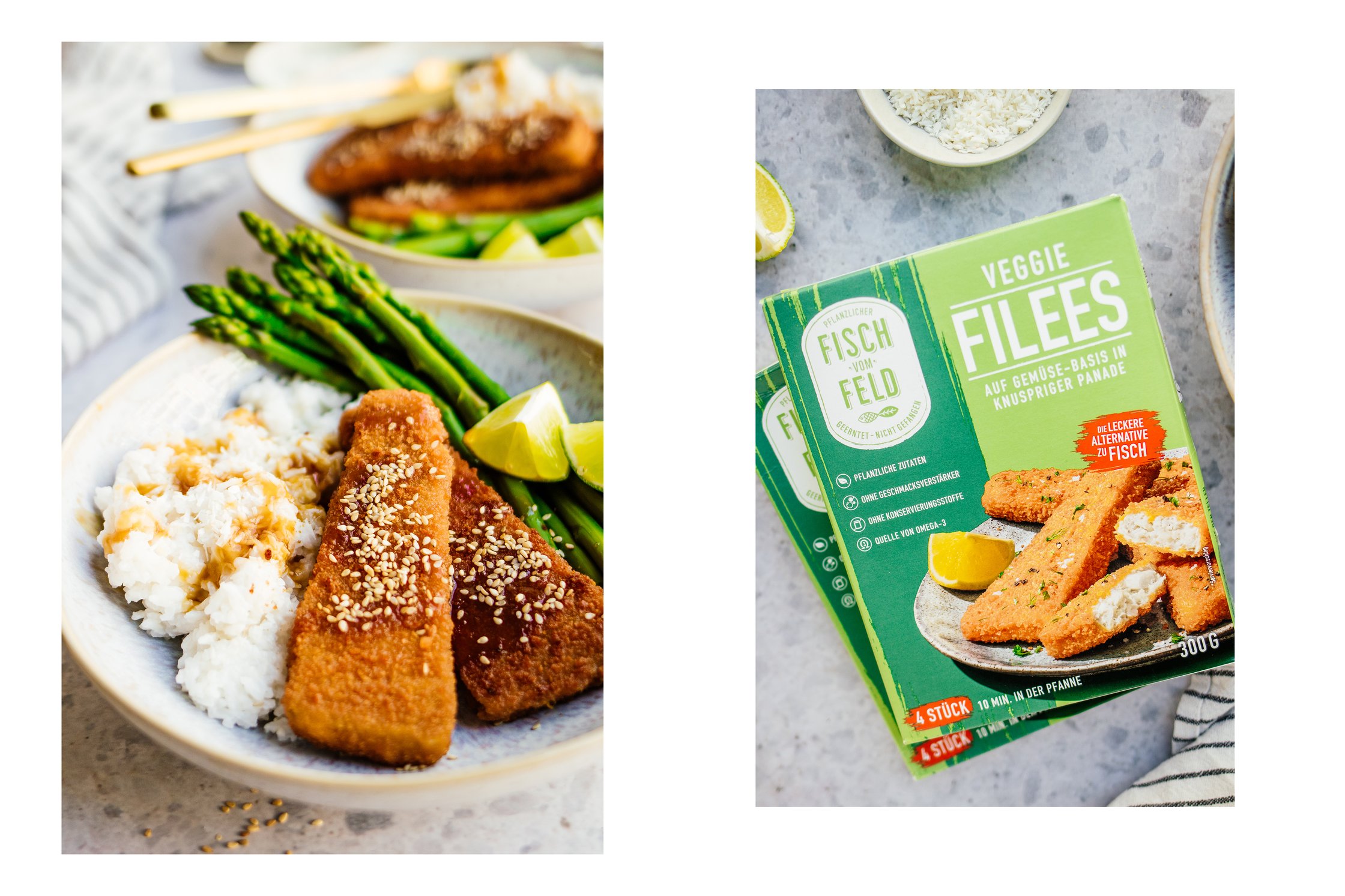 Spargel, Reis, vegane Fischfillets auf einem Teller mit Limette