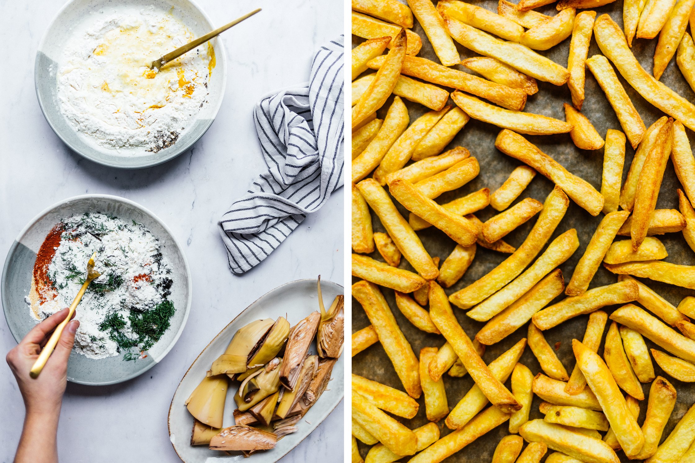 breading banana blossom, baking french fries