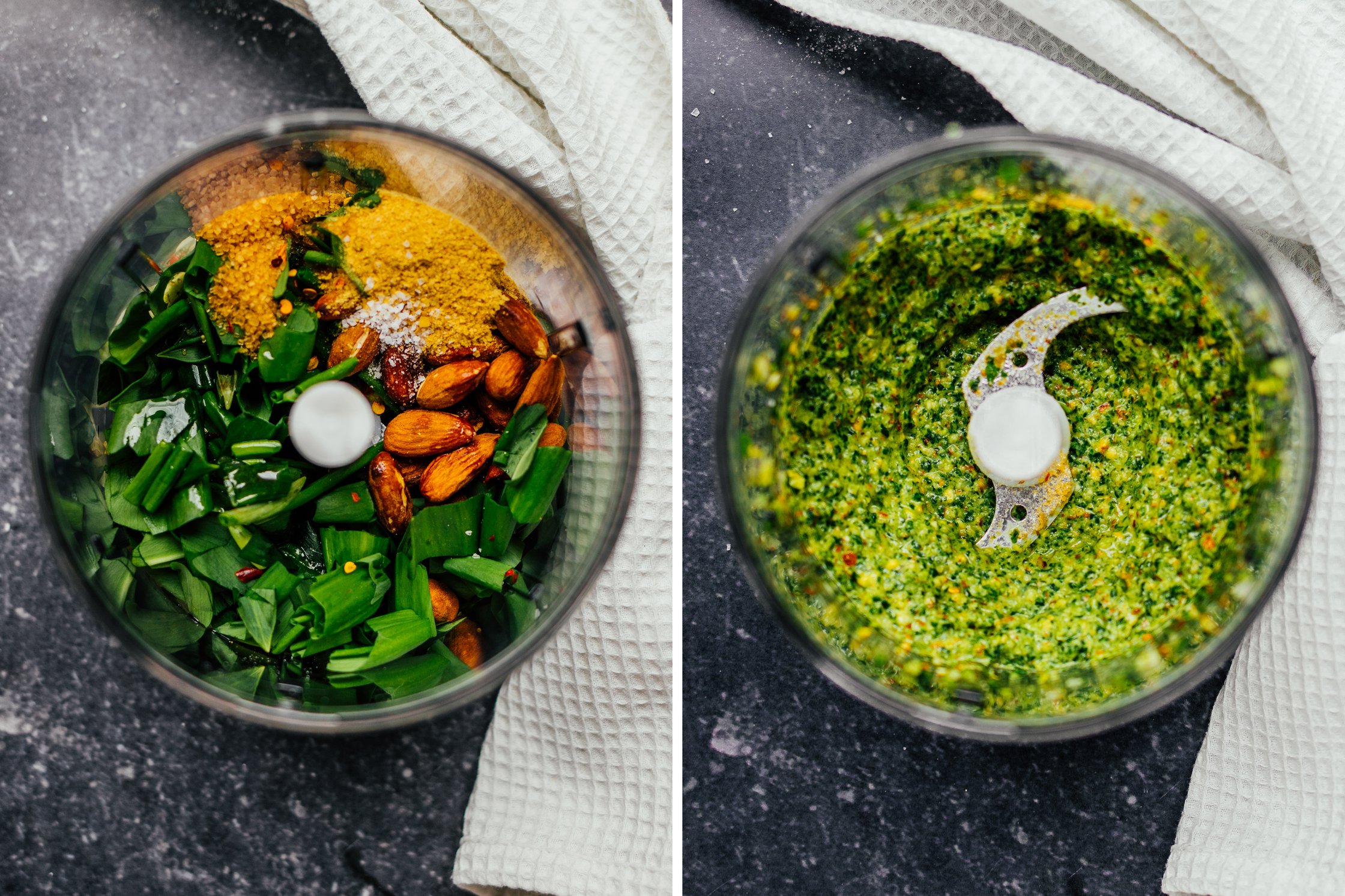 Zutaten für frisches veganes Bärlauchpesto, selbstgemachtes Bärlauchpesto in Mixer