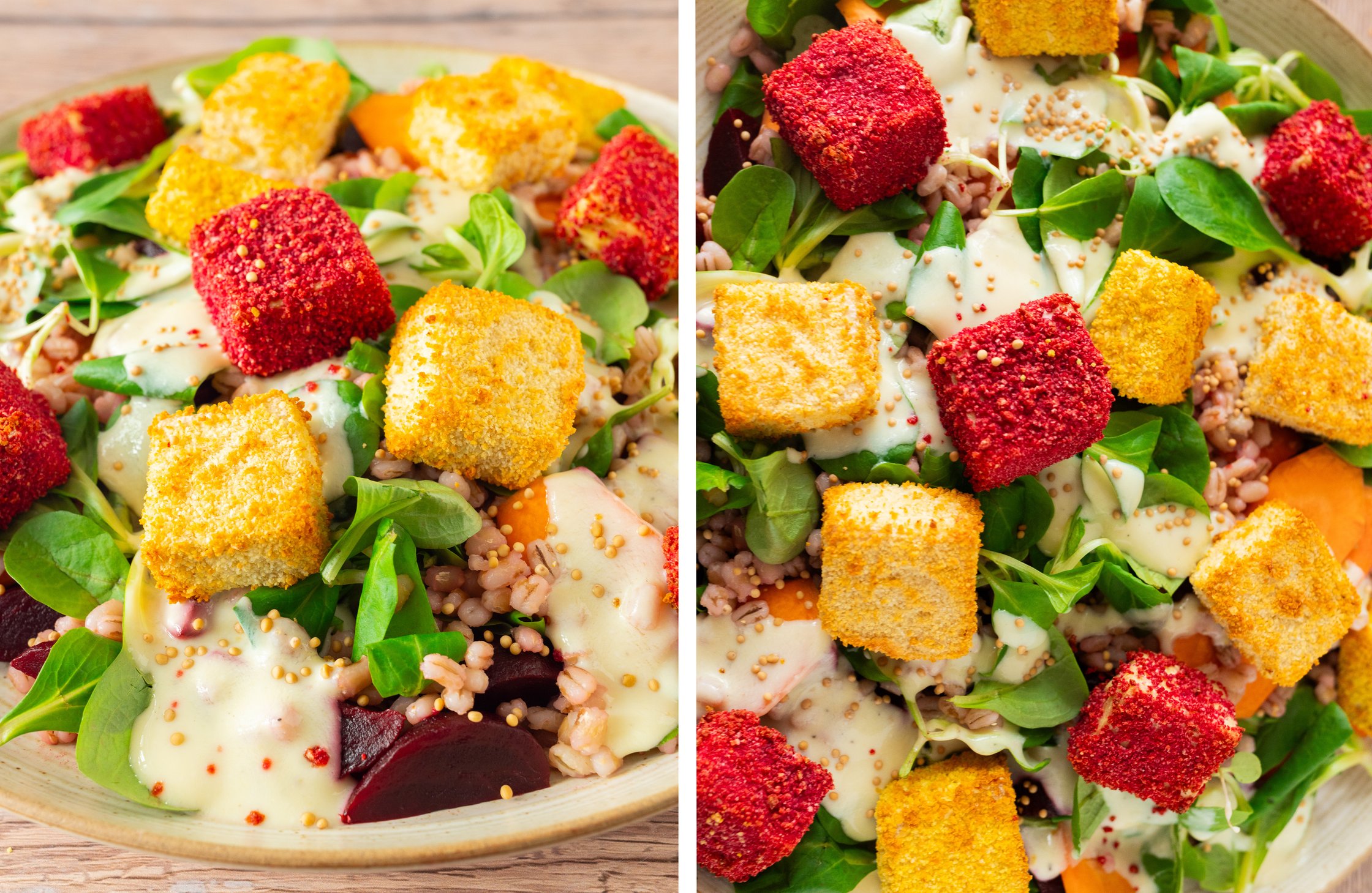 Panierter, knuspriger Tofu mit Gerstensalat