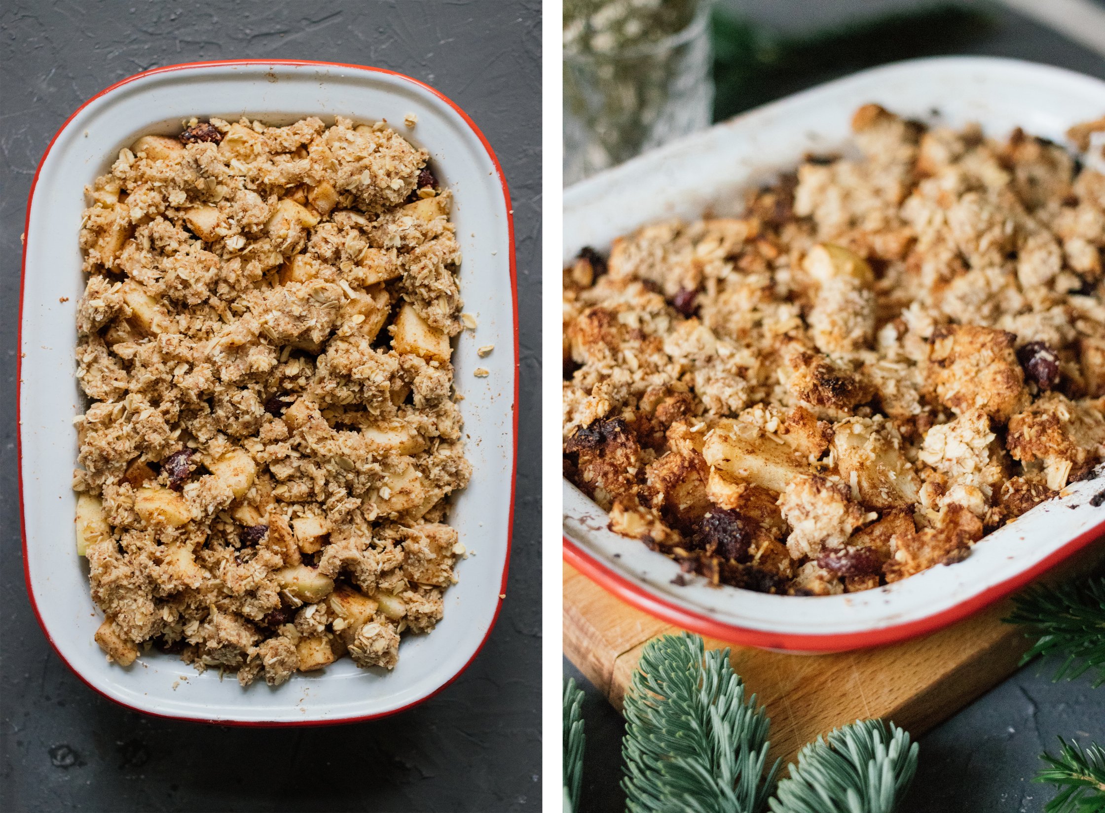 veganer bratapfelcrumble vor und nach dem backen
