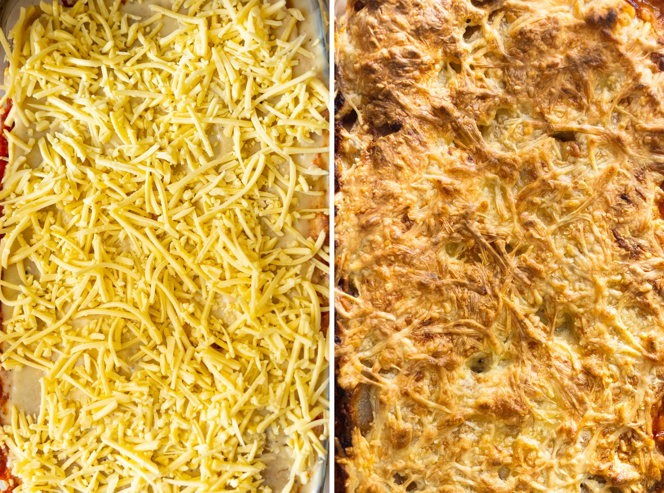 Lasagne vor und nach dem Backen.