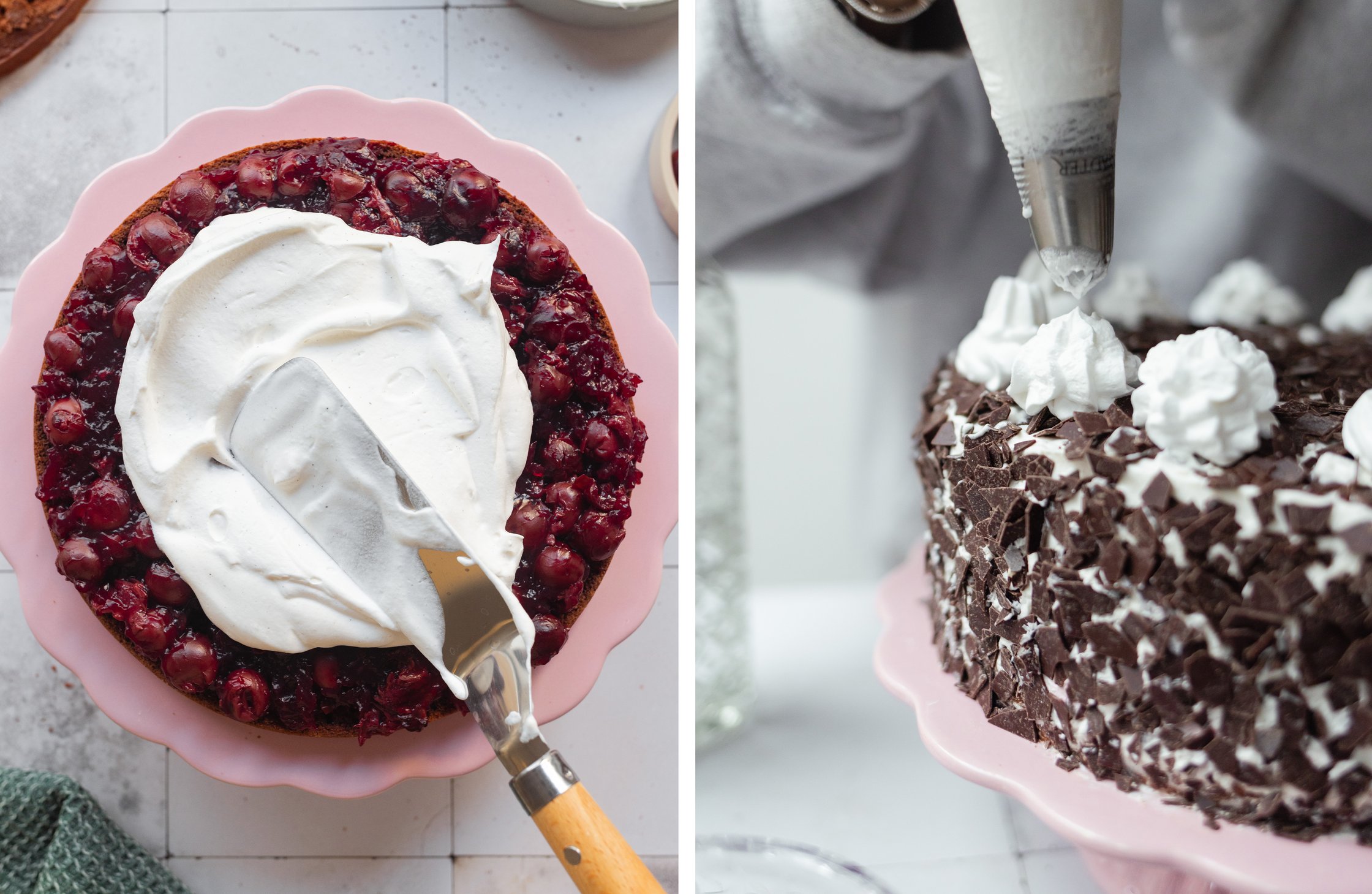 adding whipped cream to the cake; decorating the cake with cream