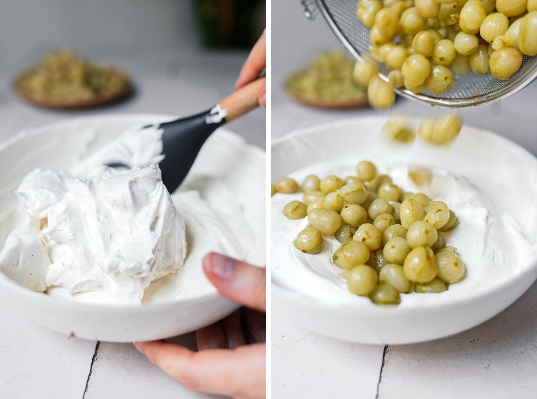 Gooseberries are mixed with meringue