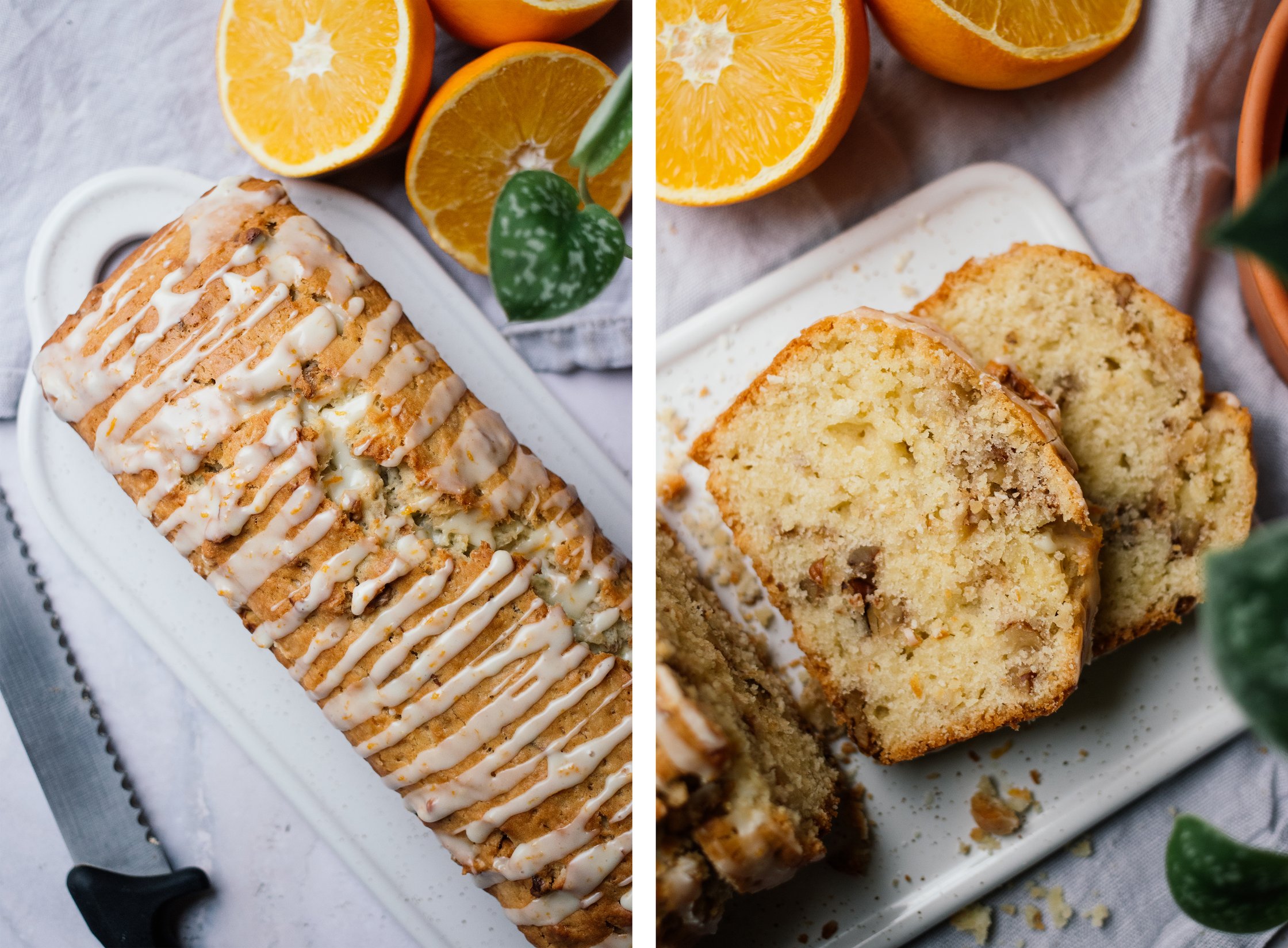 Veganer Orangen-Olivenöl-Kuchen mit Walnüssen in scheiben geschnitten