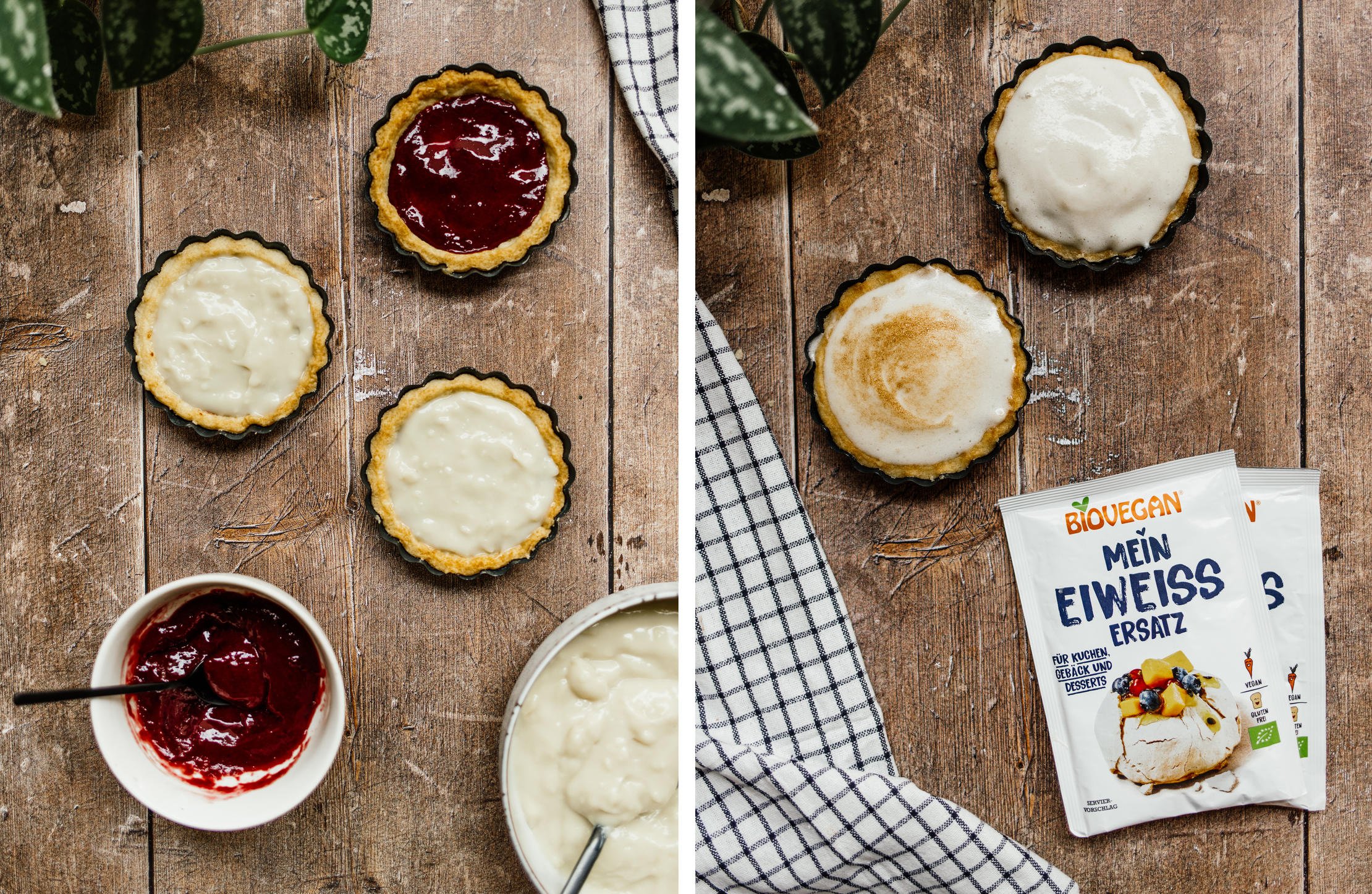 filling tartelettes with jam and vanilla pudding; tartelettes with vegan flambéed beaten egg whites