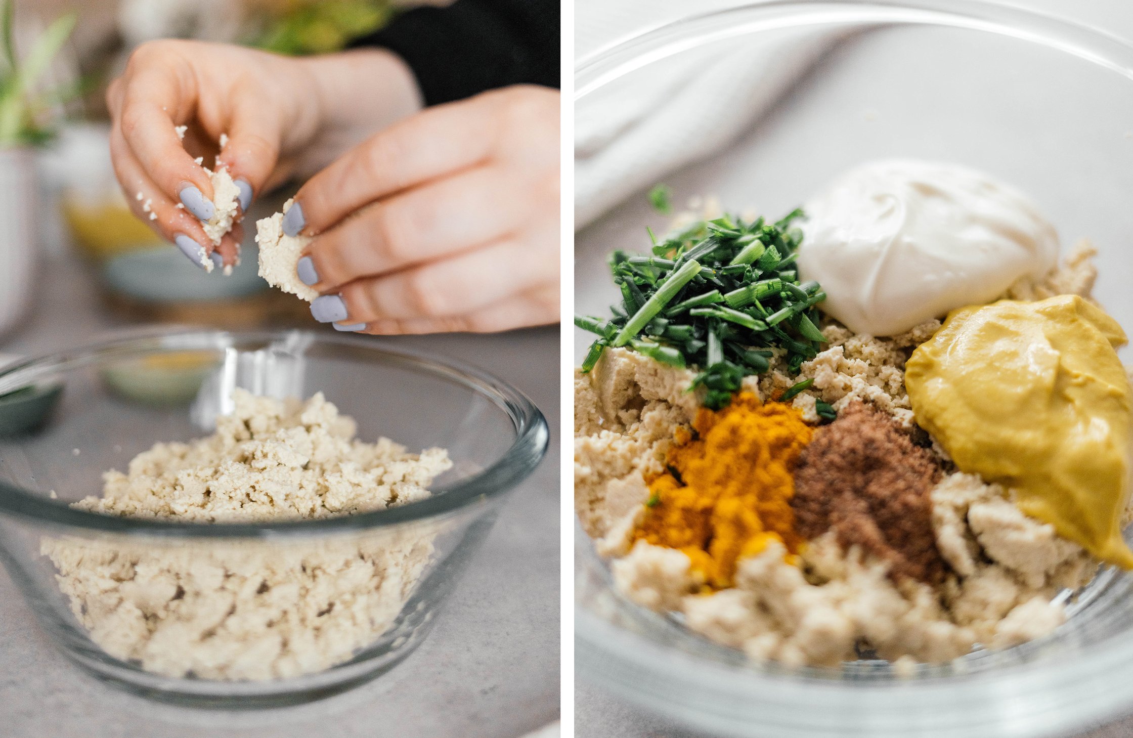 crumbling tofu; ingredients for vegan egg salad