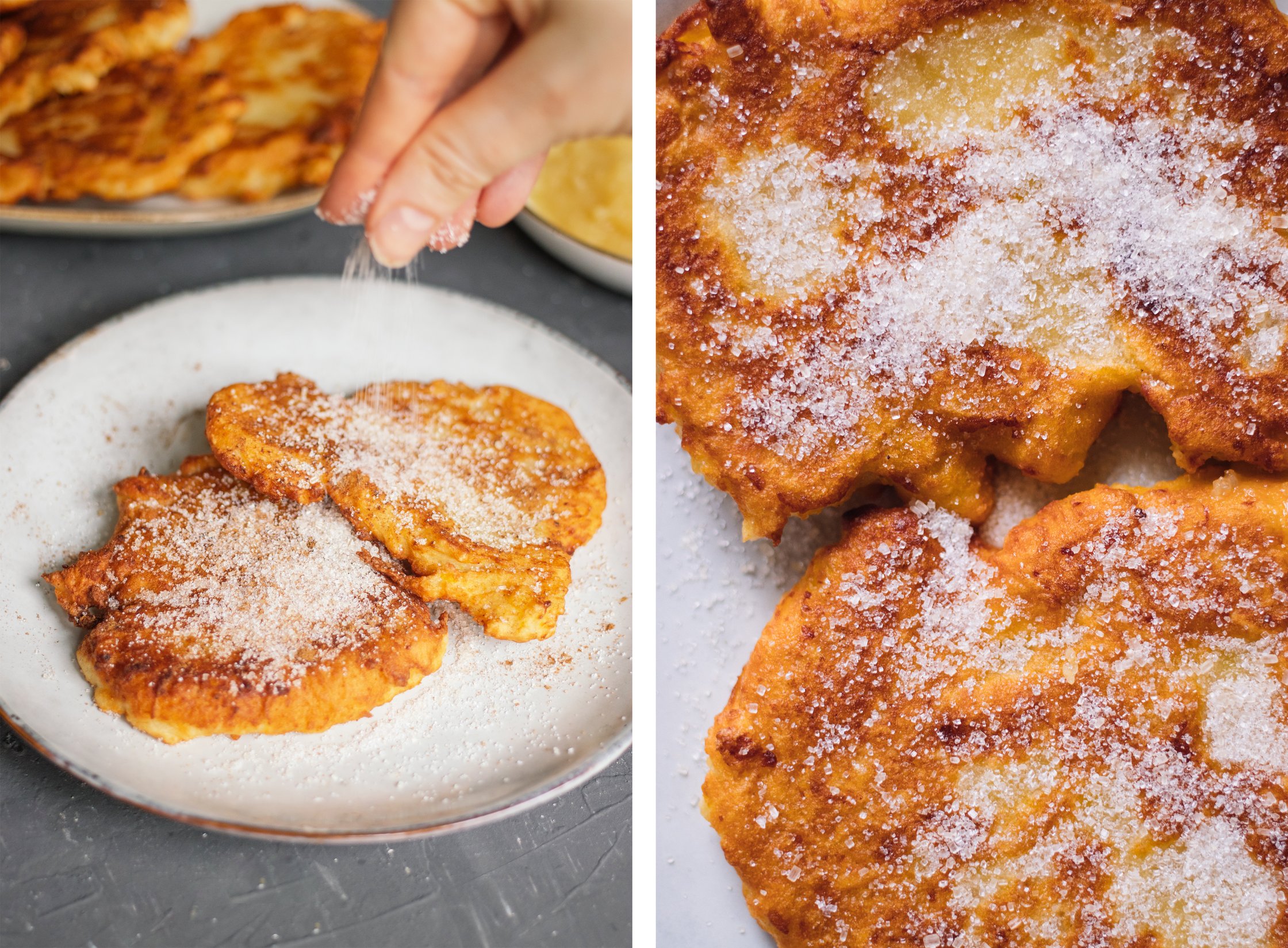 sprinkling sugar over vegan Sweet Potato Pancakes