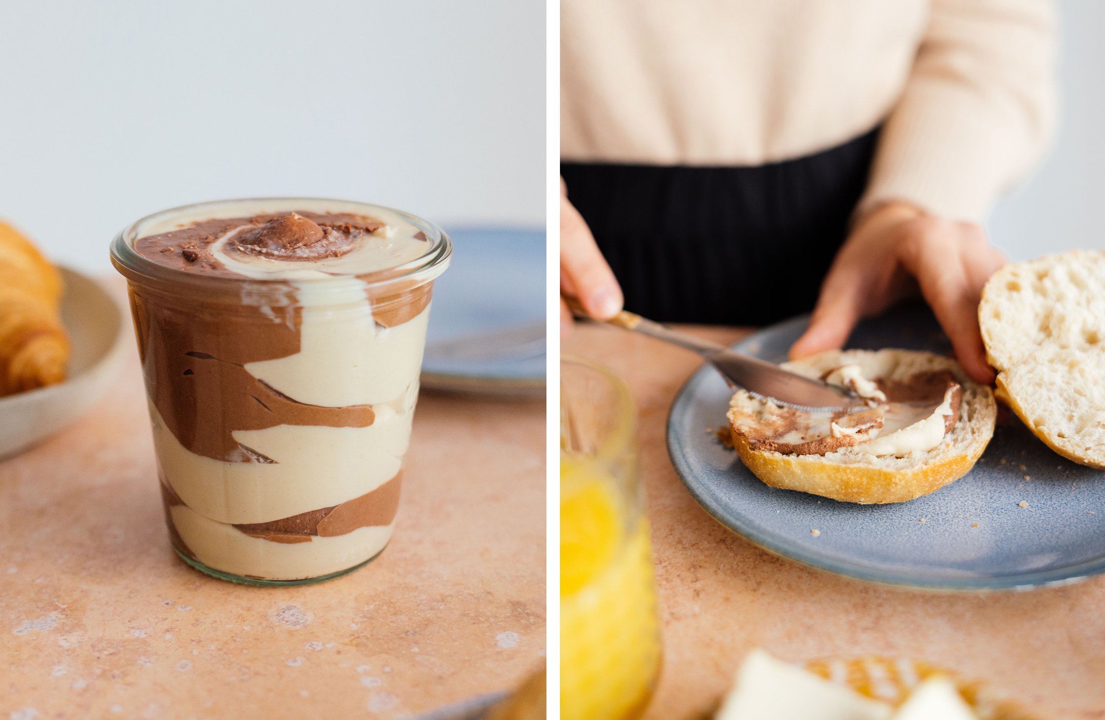 Schoko Swirl Aufstrich im Glas; Aufstrich auf ein Brötchen schmieren