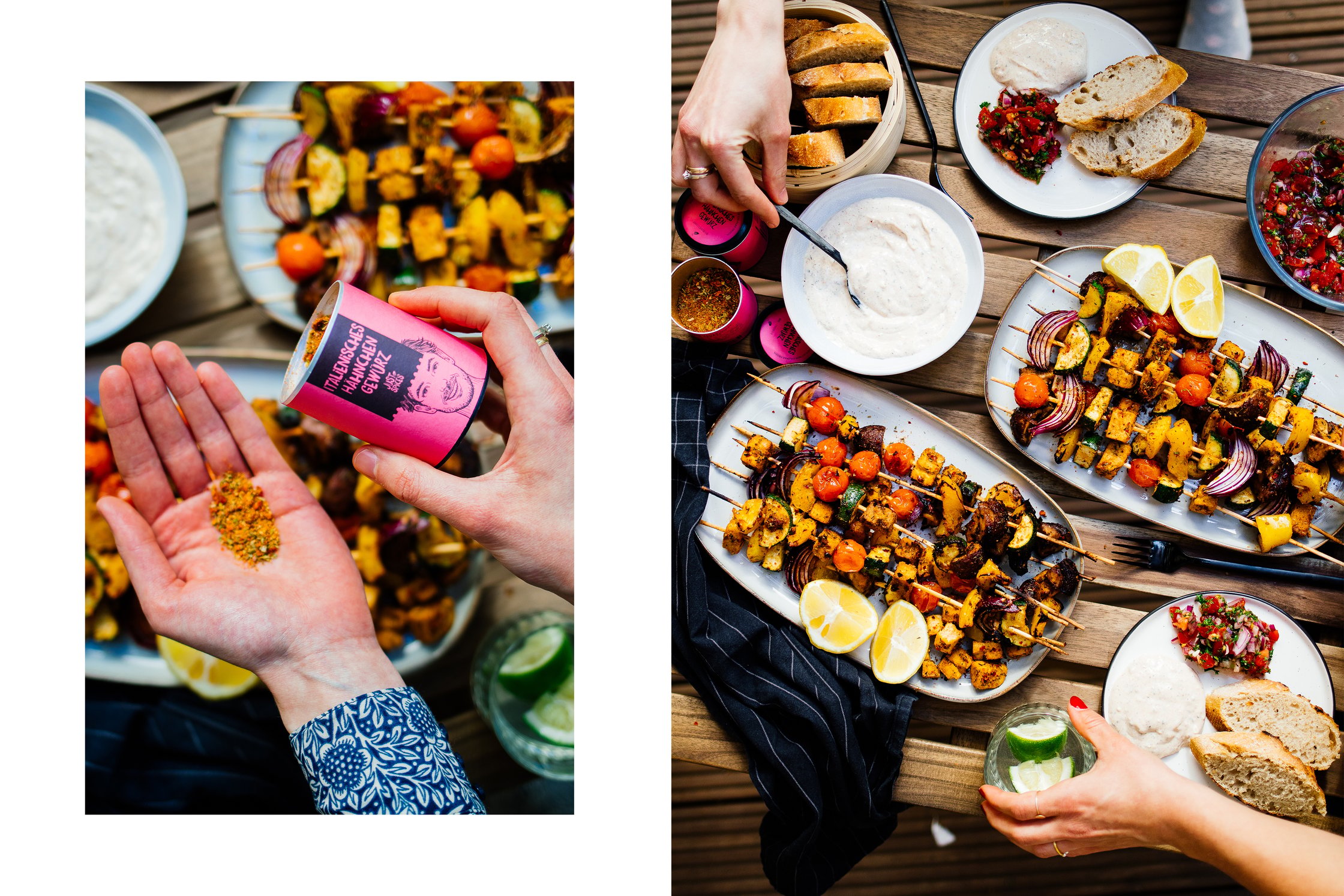 Vegane Tofu-Gemüse-Spieße werden mit Gewürz getoppt