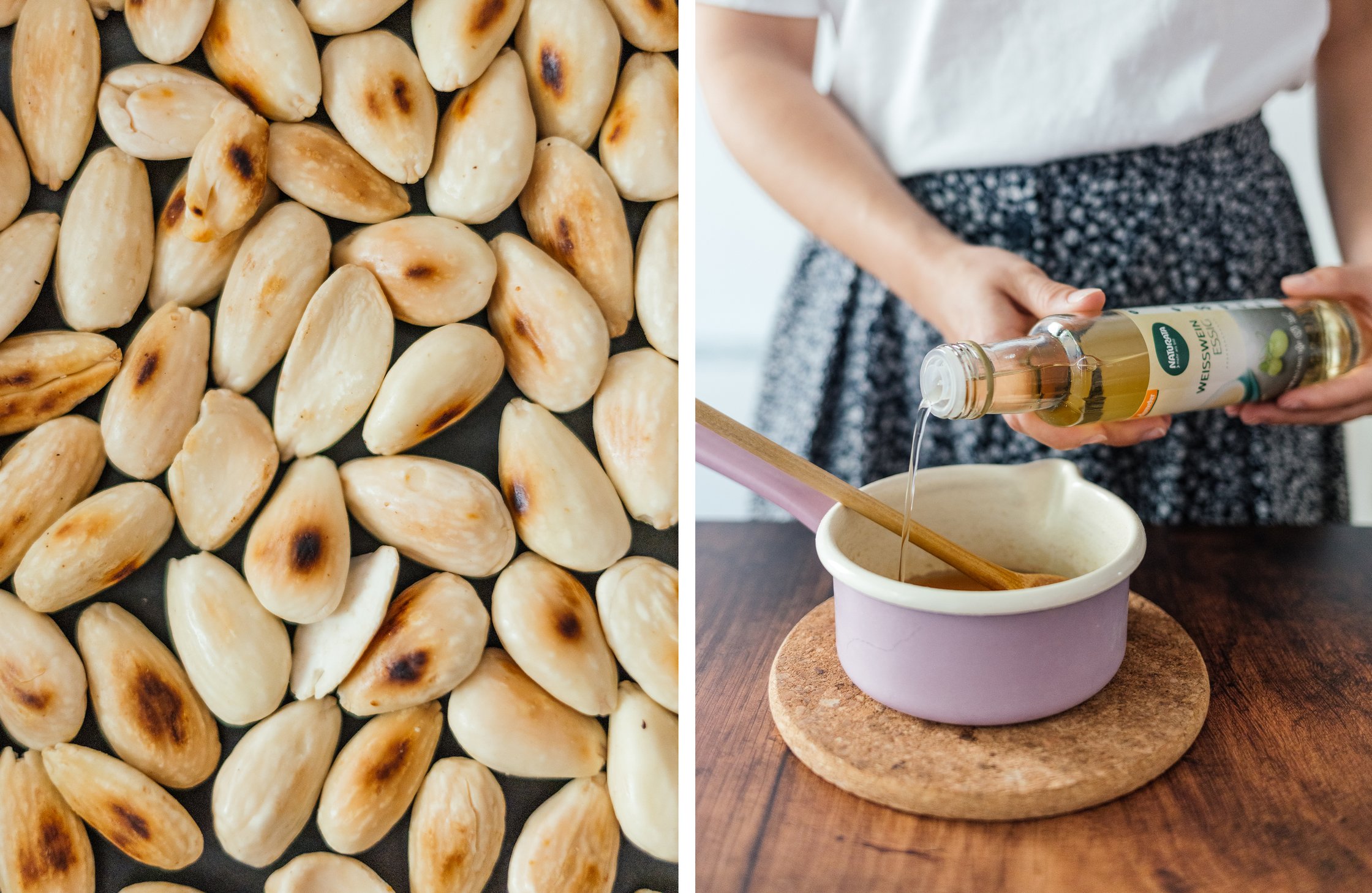 roasted almonds; preparing agrodolce with white wine vinegar