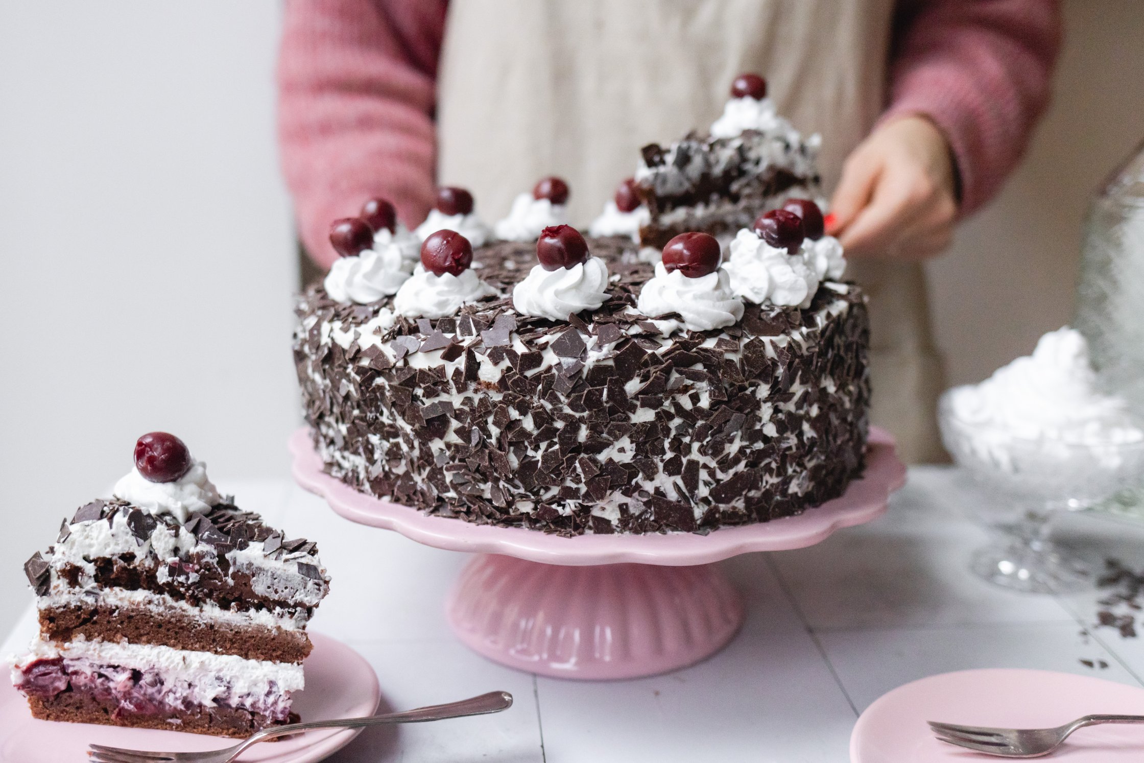 vegan German Black Forst Cake on a cake platter