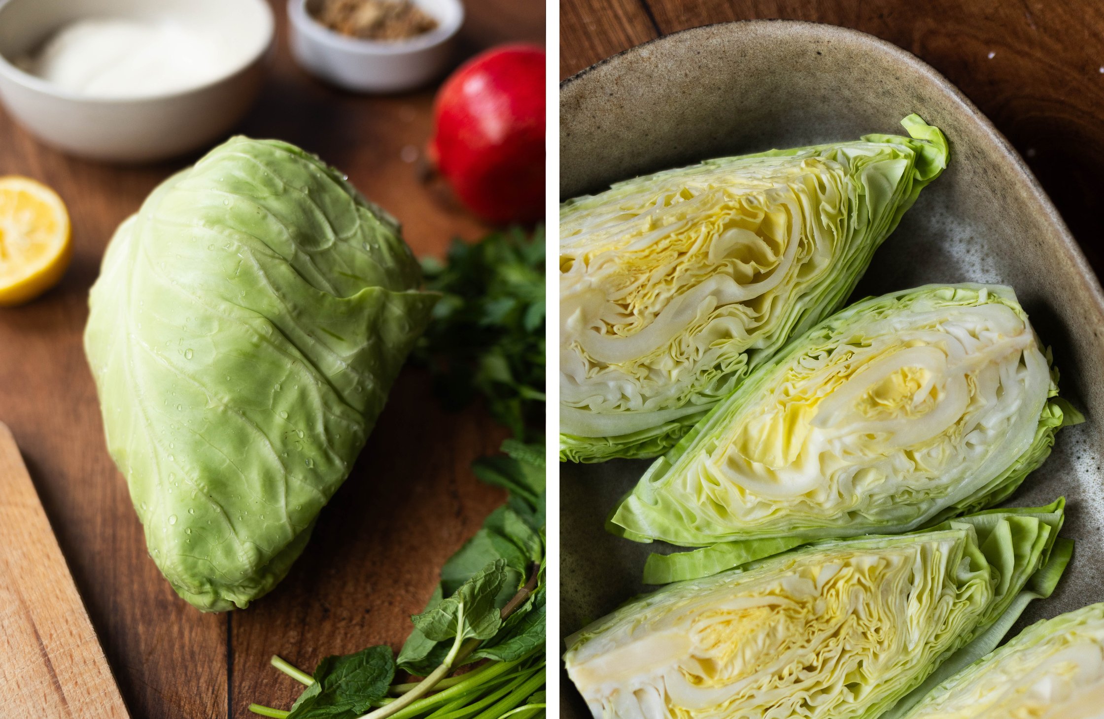 Whole pointed cabbage and other ingredients; quartered cabbage in a casserole dish