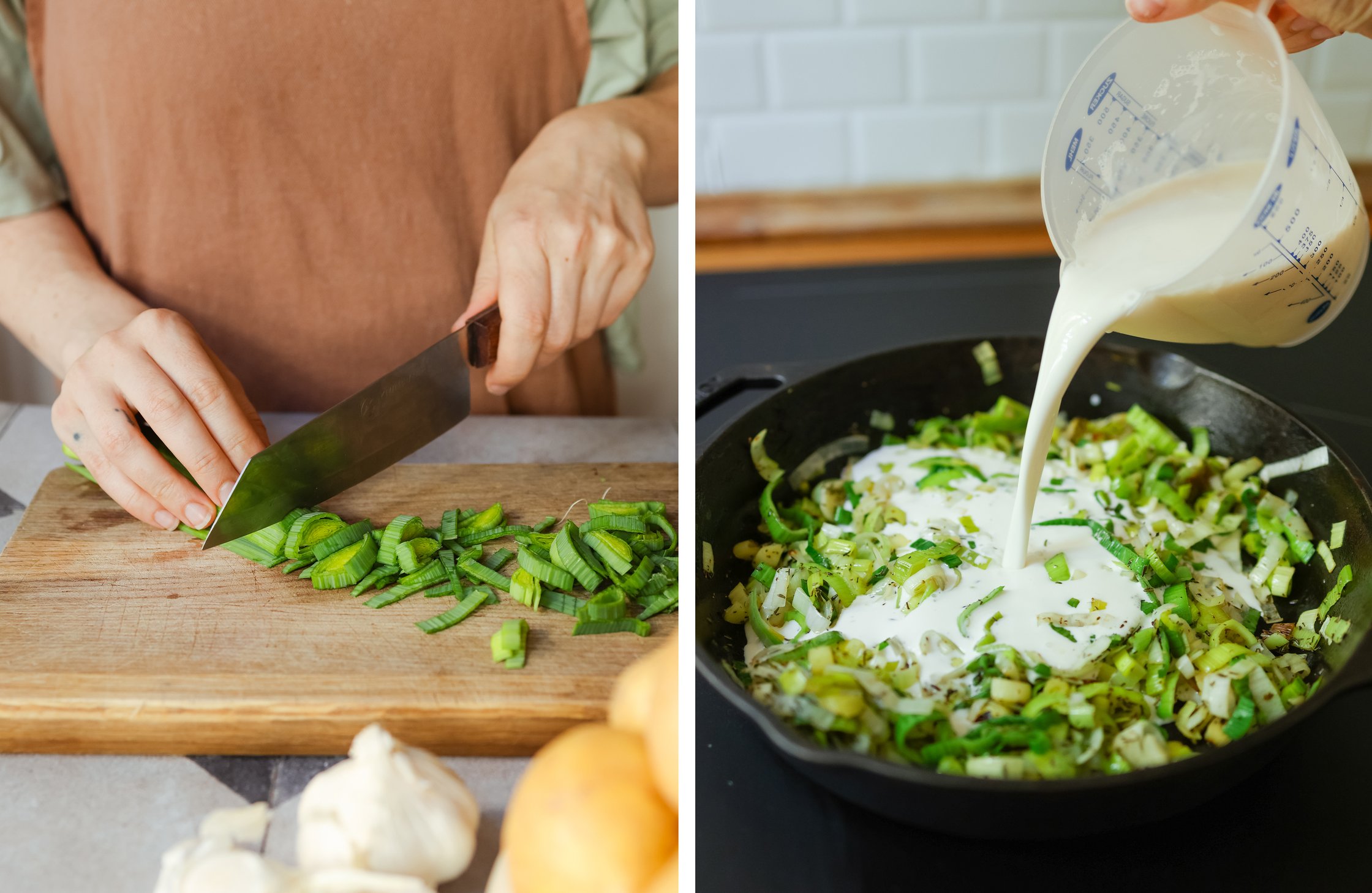 cutting the leeks; adding the vegan cream to the leeks in the pan