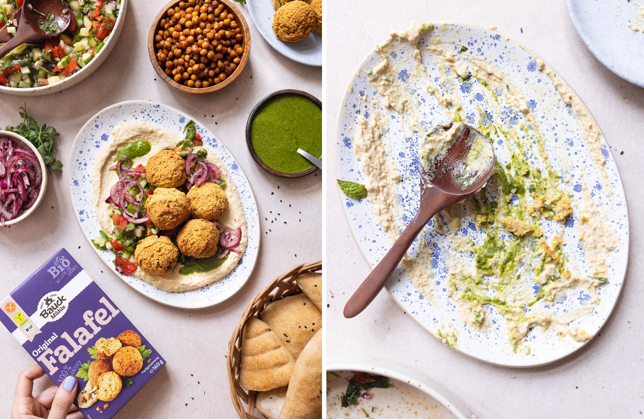 Finished falafel platter with salad and flatbread, a pack of Bauck falafel, and an empty plate.