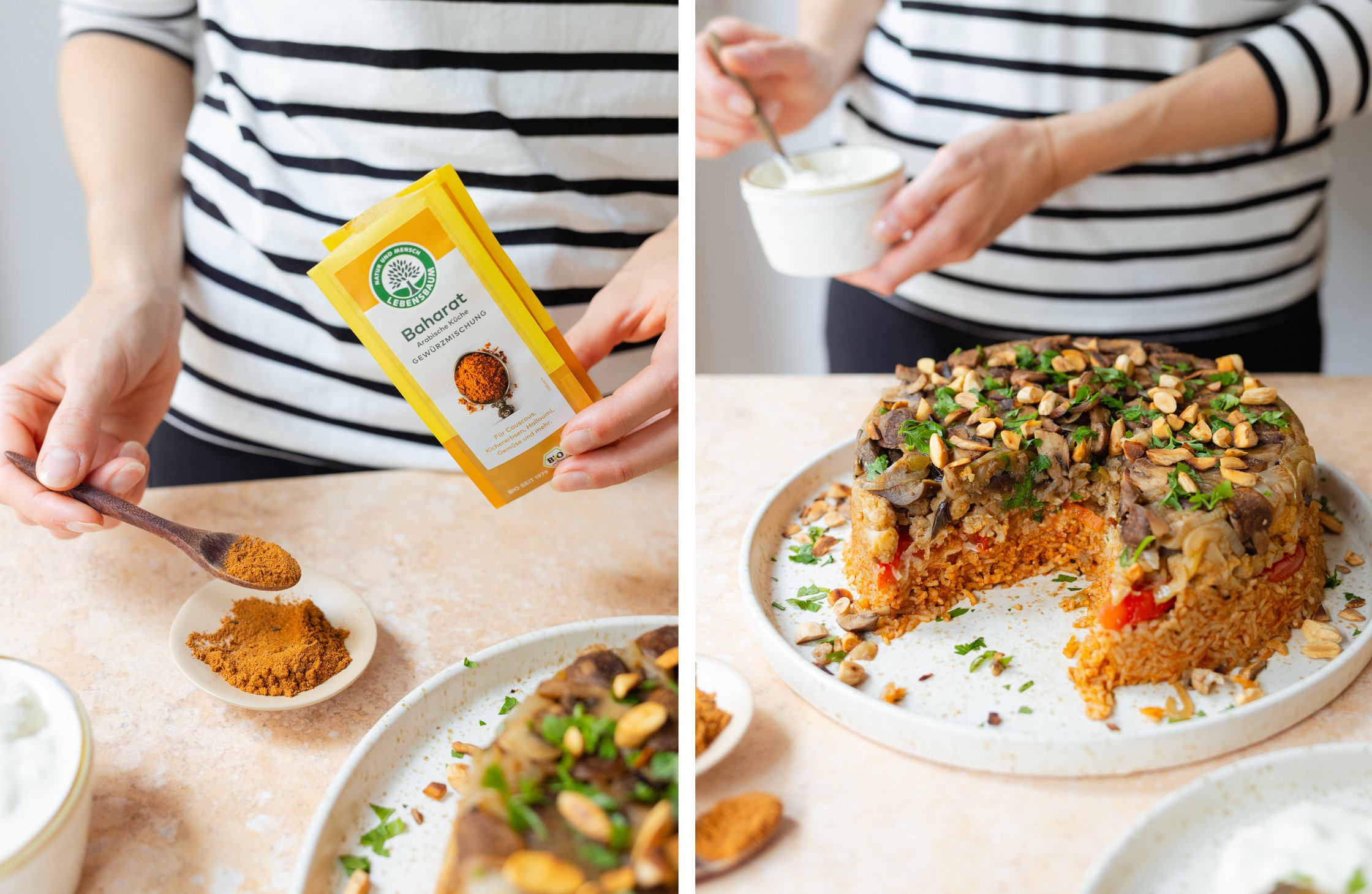Baharat-Gewürzmischung; veganes Maqluba angeschnitten