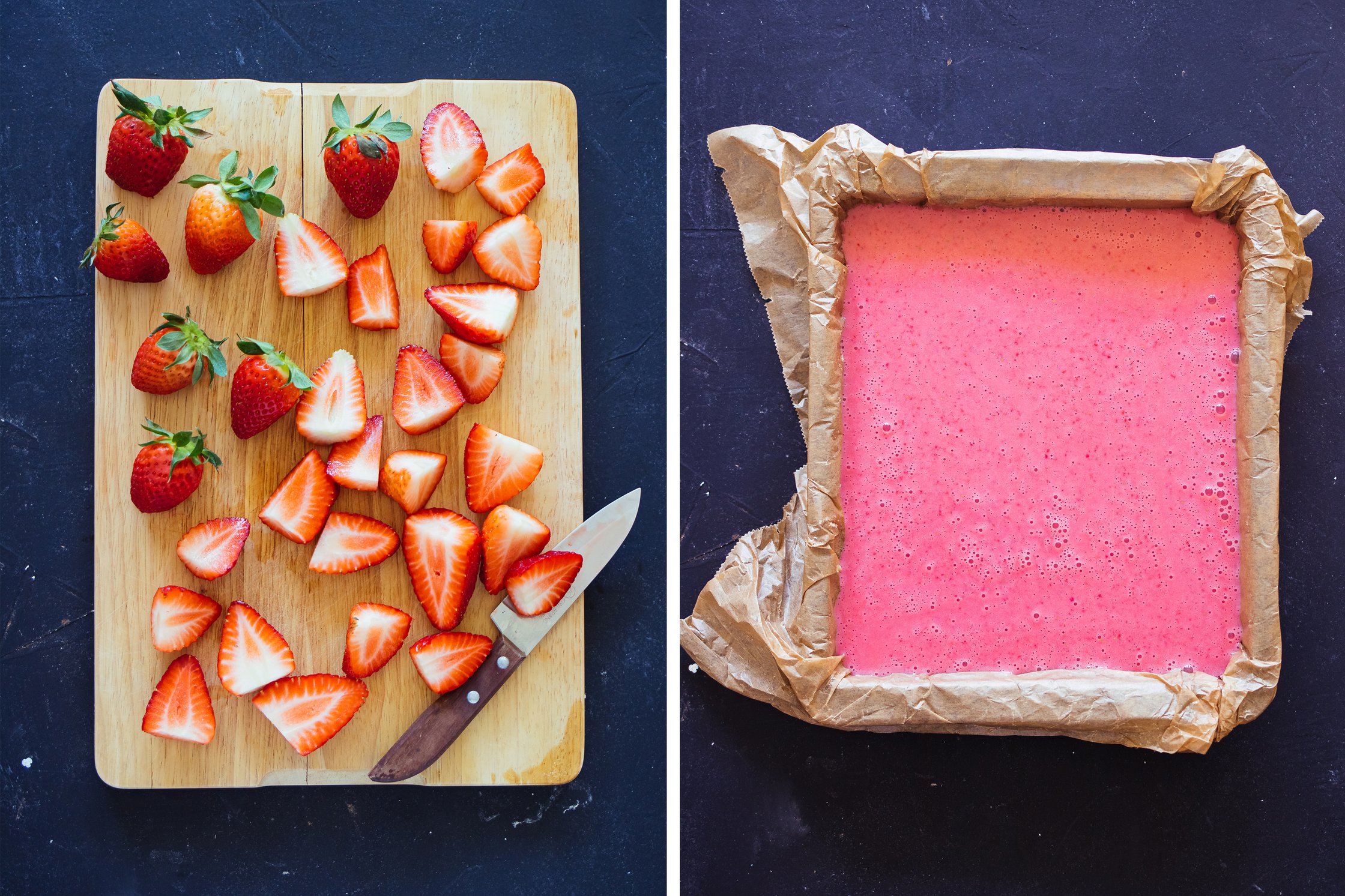 cutting and pureeing strawberries