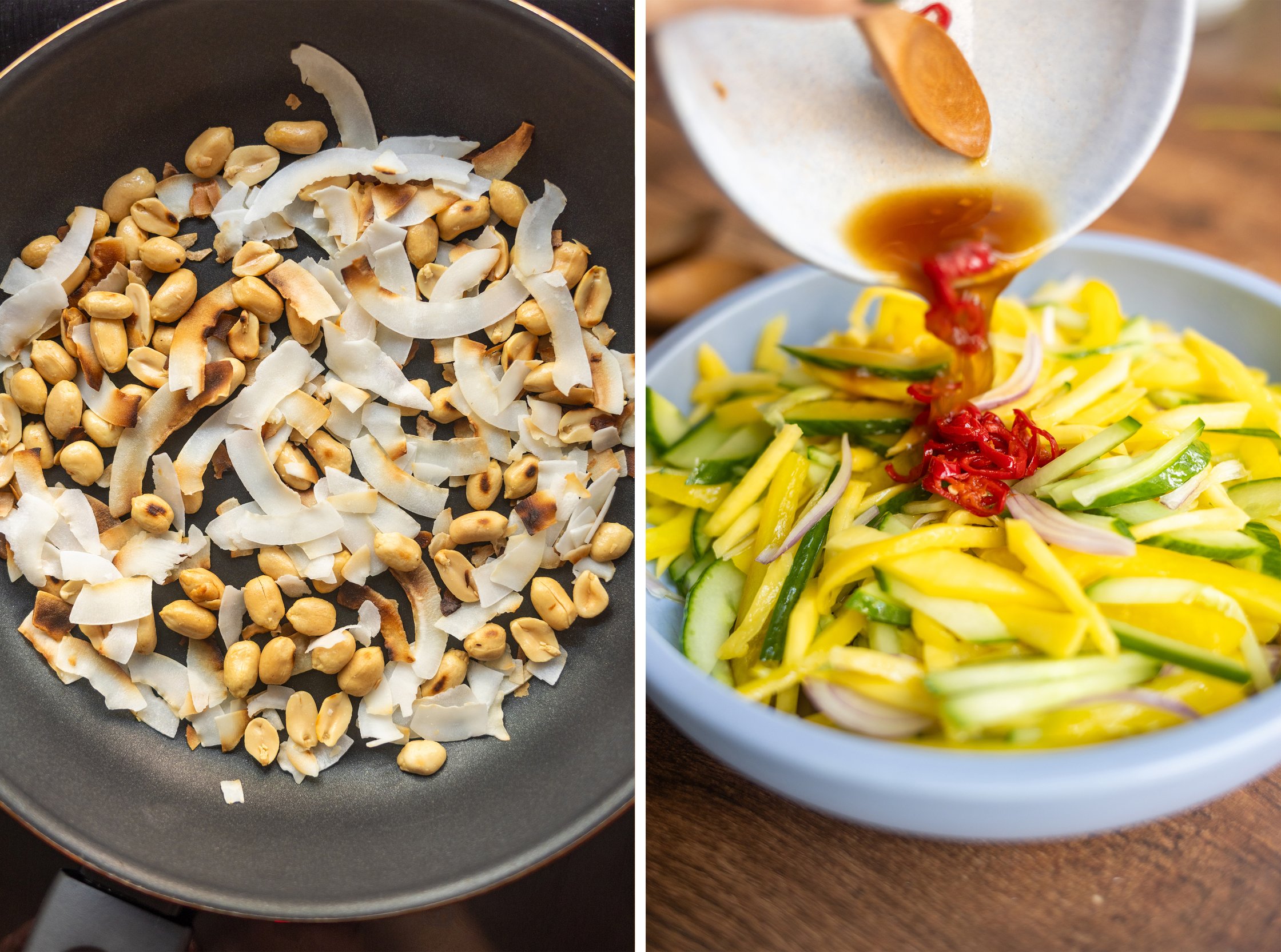 kokoschips und erdnüsse in einer pfanne und dressing auf Tortellini-Mango-Salat geben