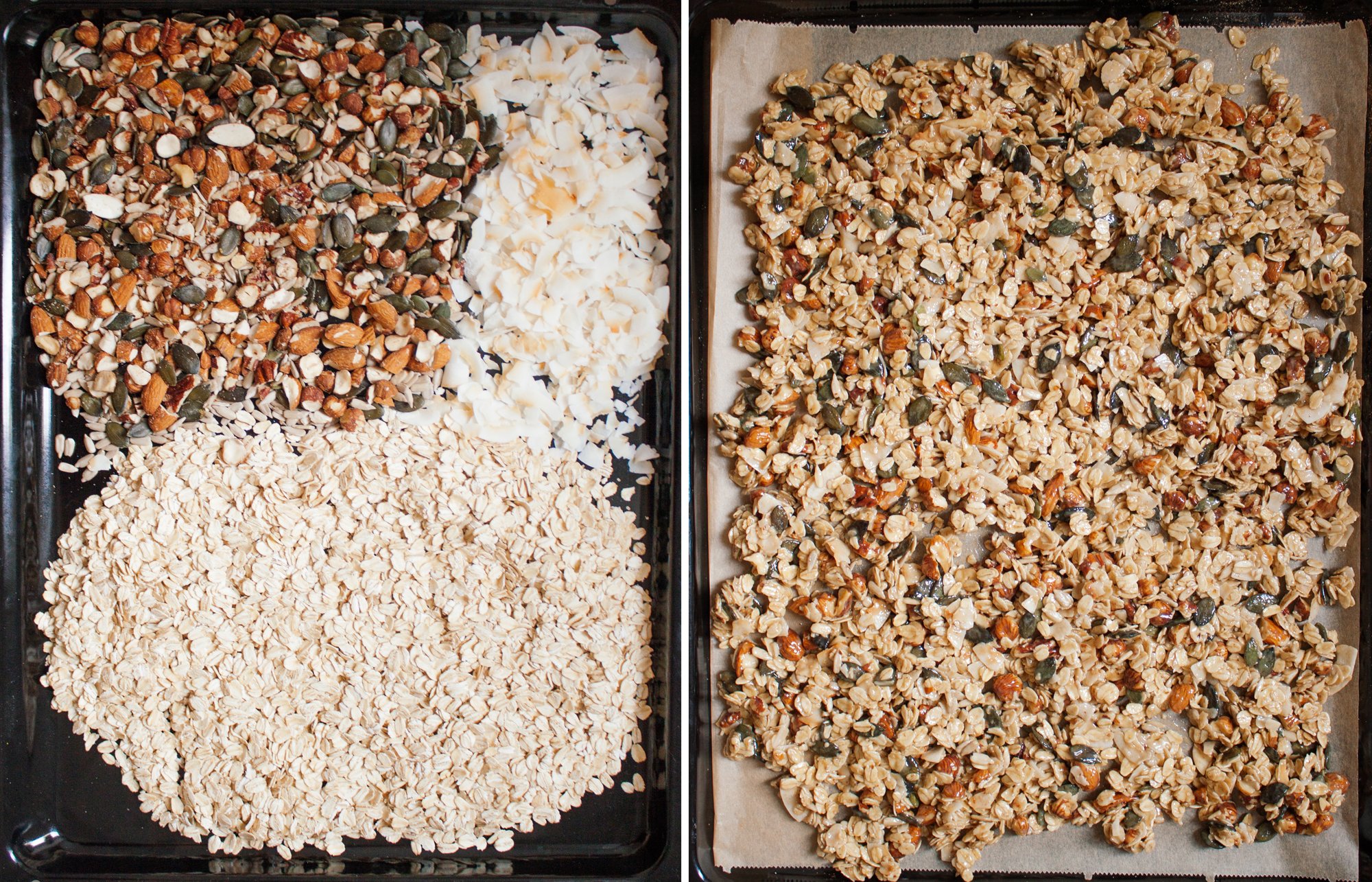tahini granola vor und nach dem backen