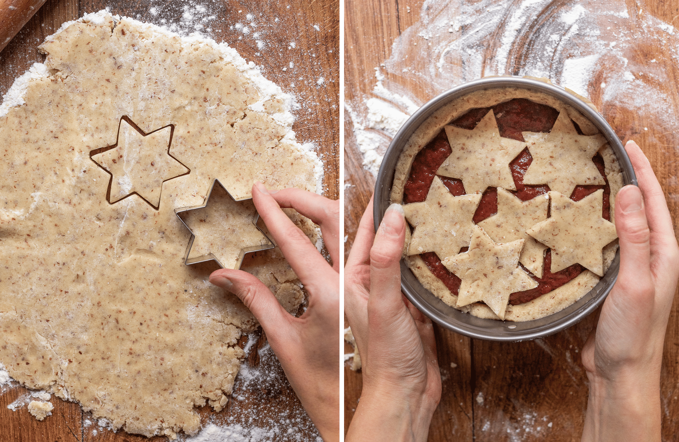 Stars are cut out of the dough and put on the cake as upper layer