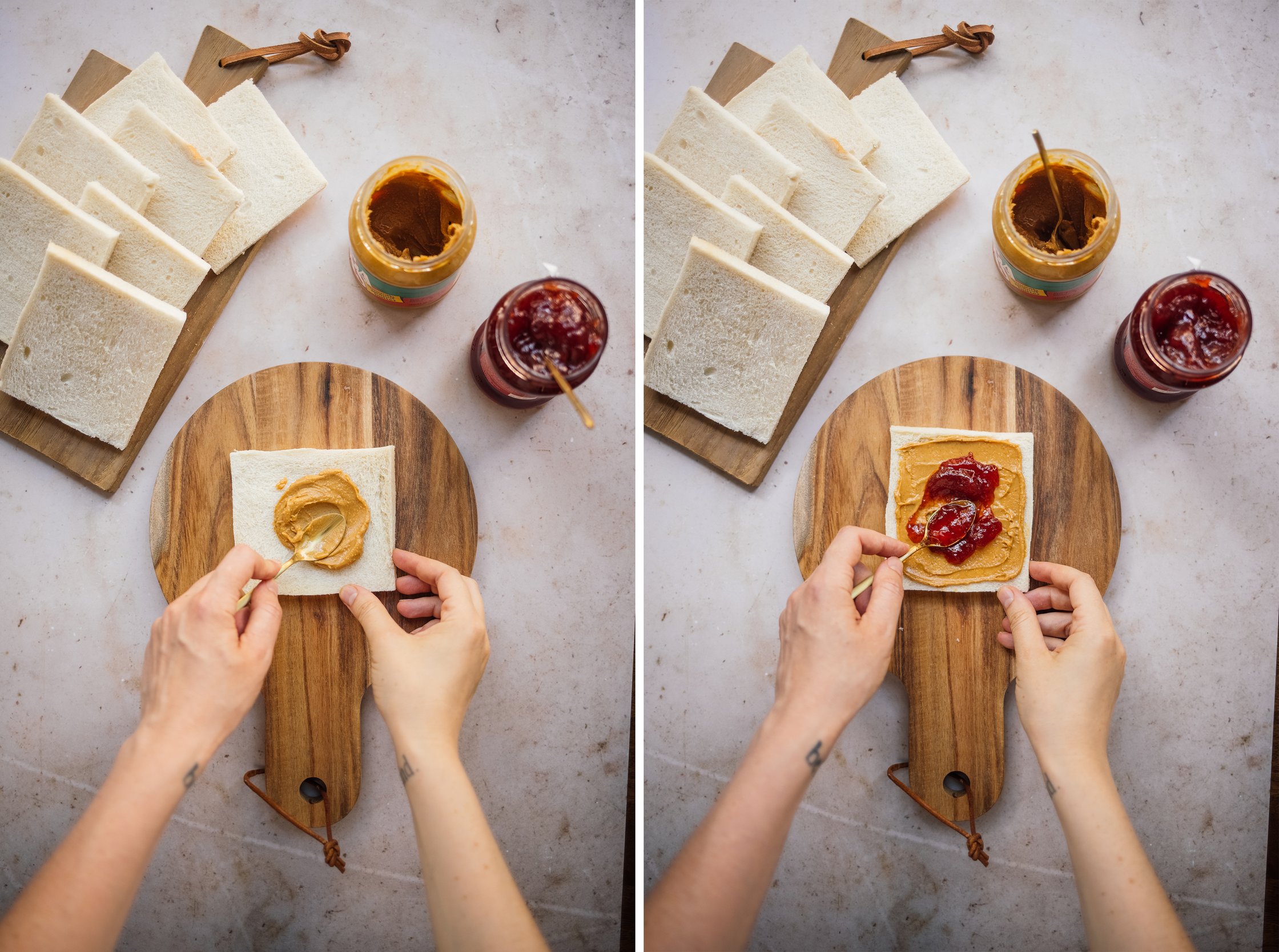 veganes toastbrot mit erdnussbutter und marmelade bestreichen