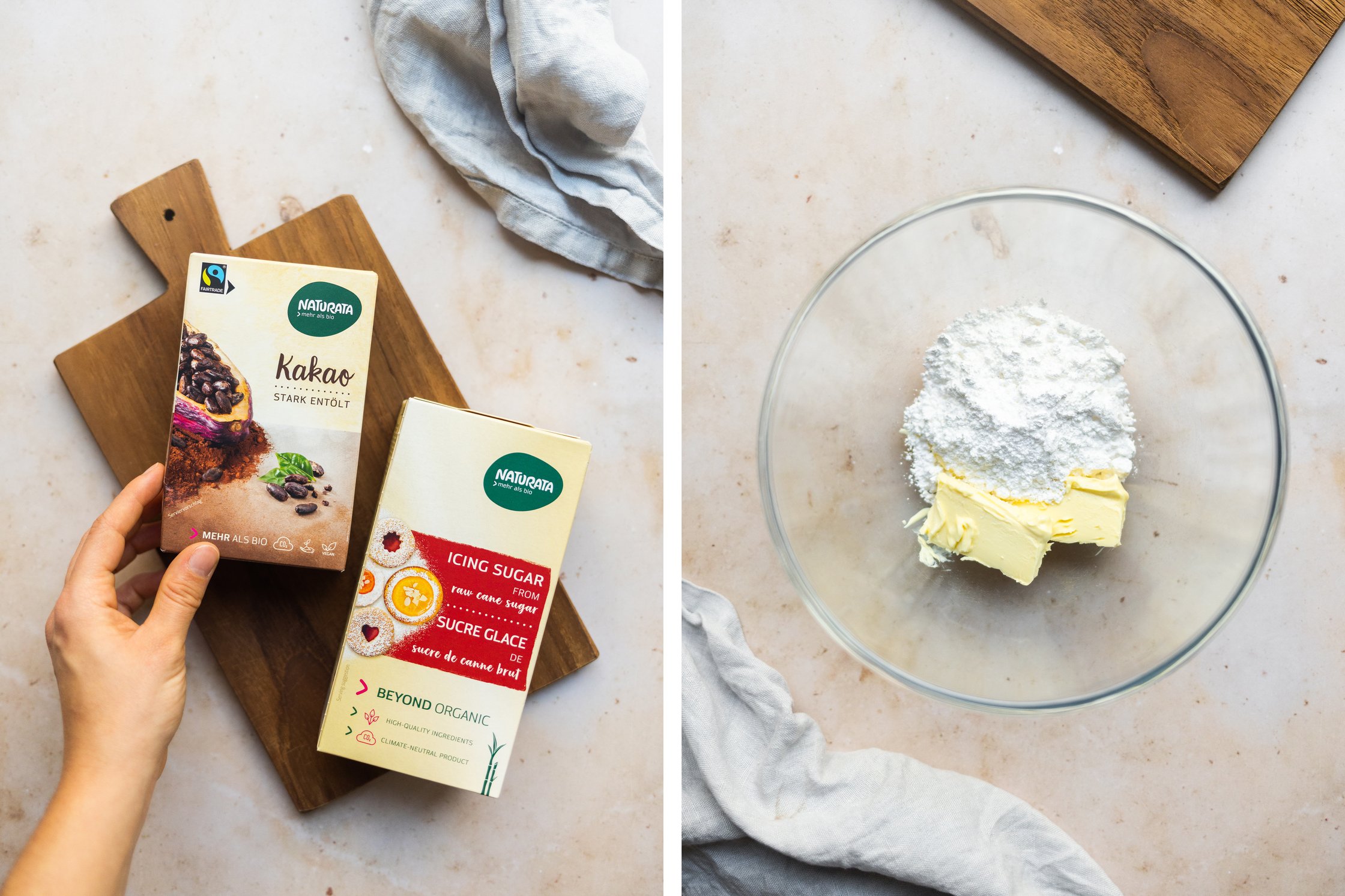 packets of baking cocoa and icing sugar lying on a cutting board, ingredients for spritz cookies in a bowl