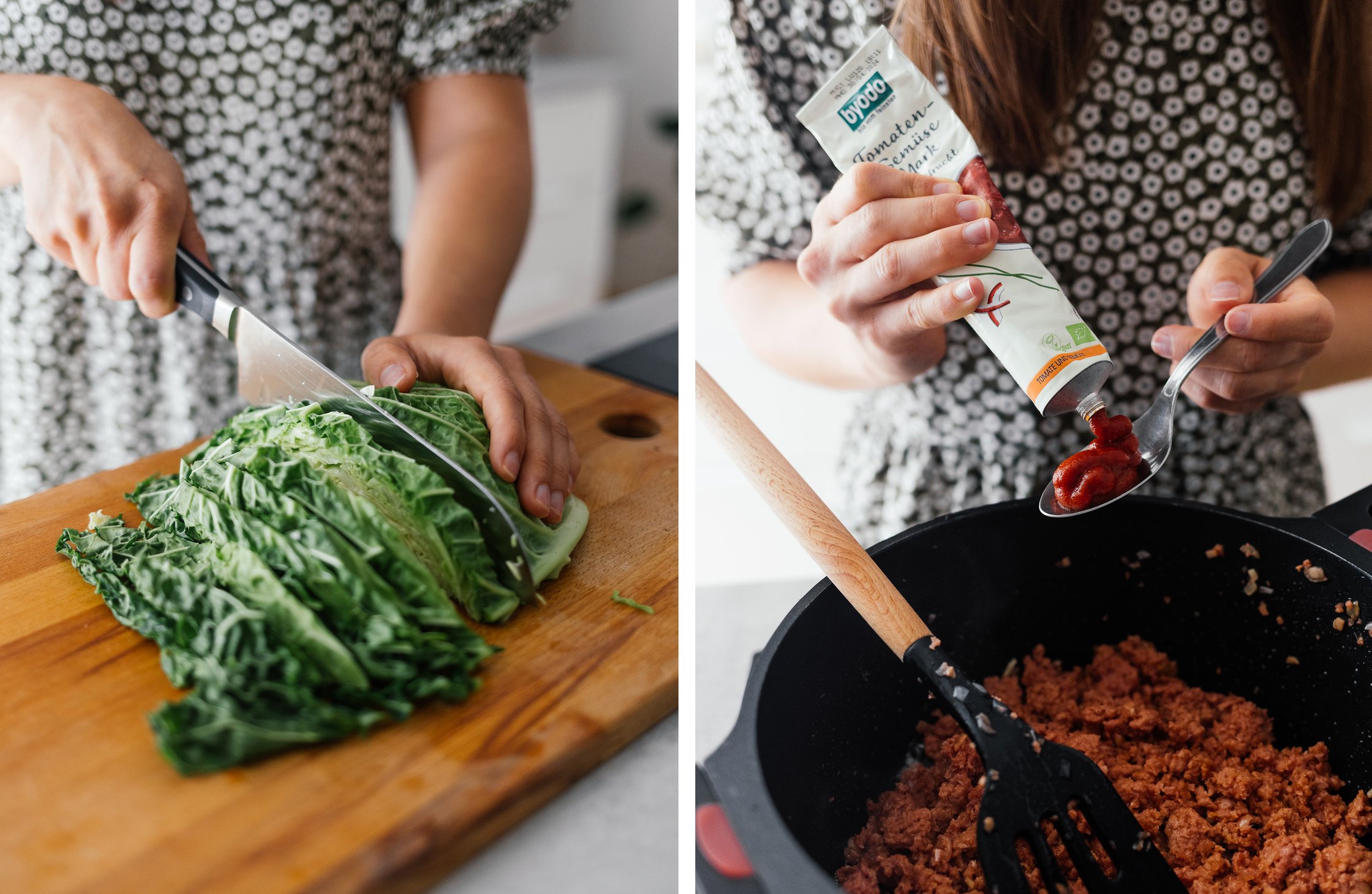 cutting savoy cabbage; adding tomato paste to a pot