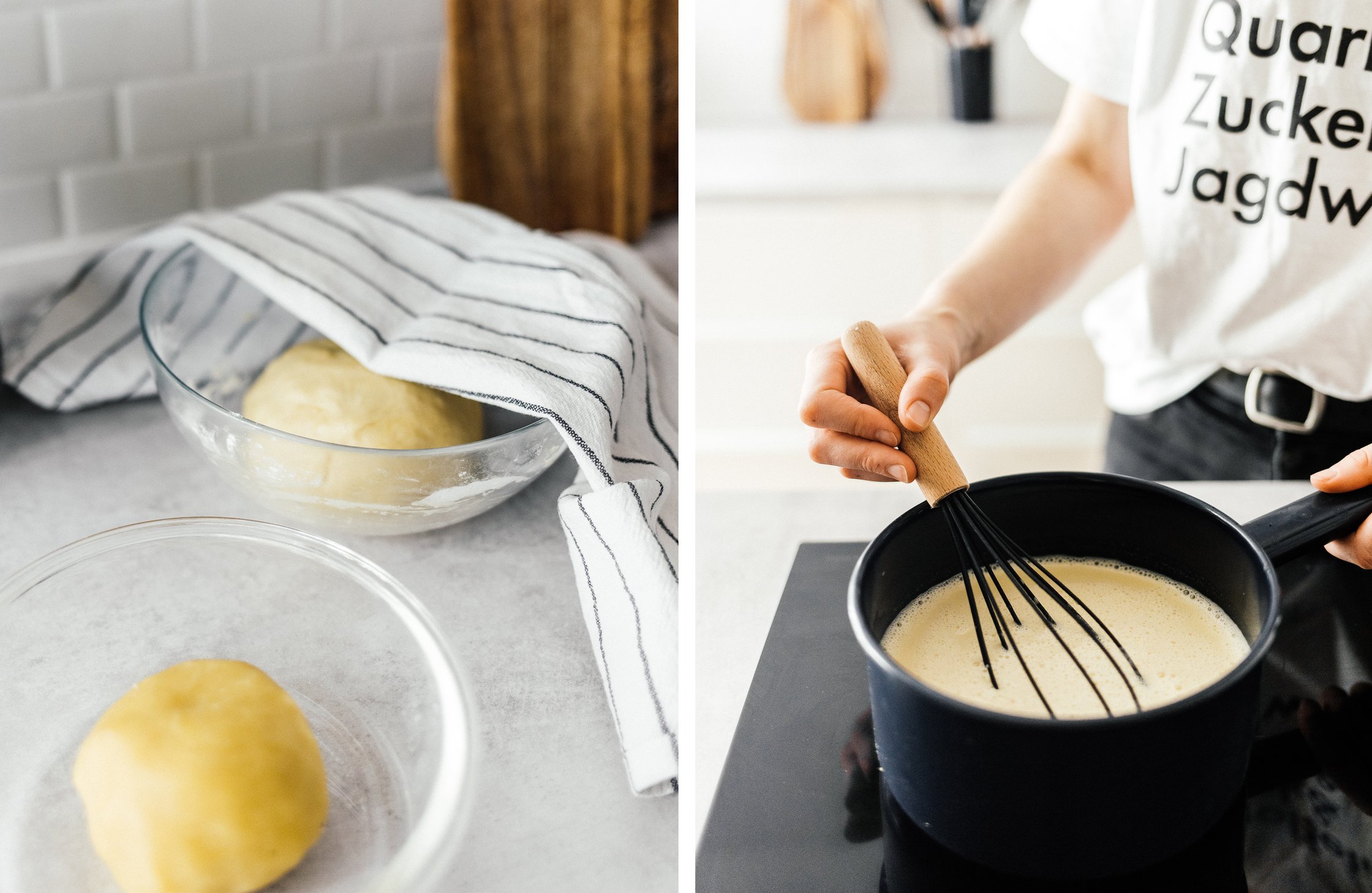 bowls with yeast dough and crumble dough; cooking vanilla pudding