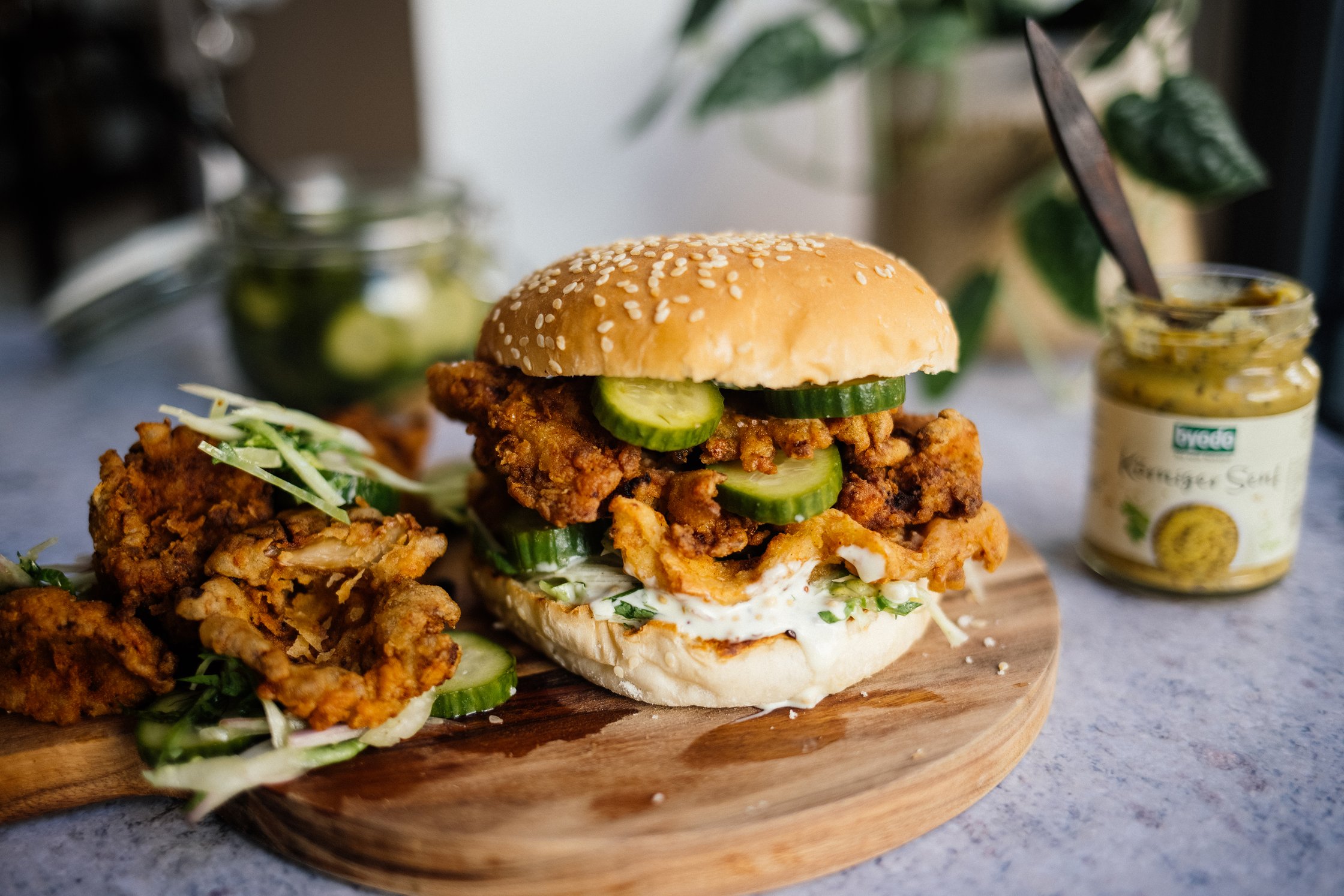Vegan Sandwich with Oyster Mushrooms and Homemade Pickles served